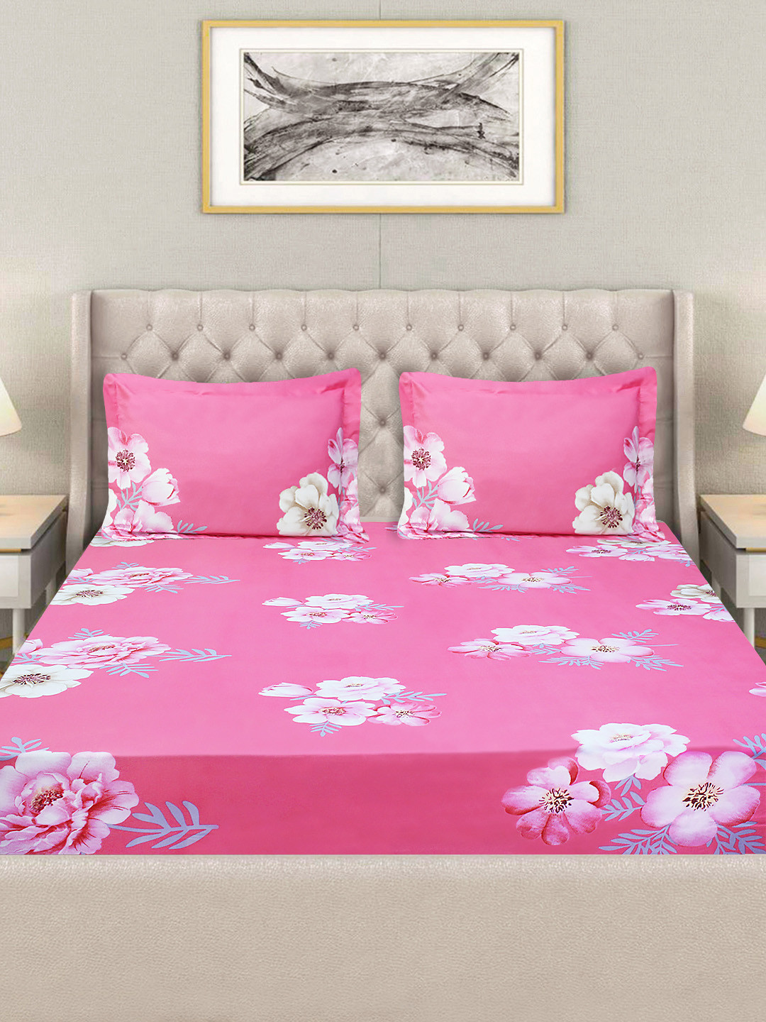 

Good Homes by Home Candy Pink 144 TC Queen Fitted Poly Cotton Bed Sheet & Pillow Covers