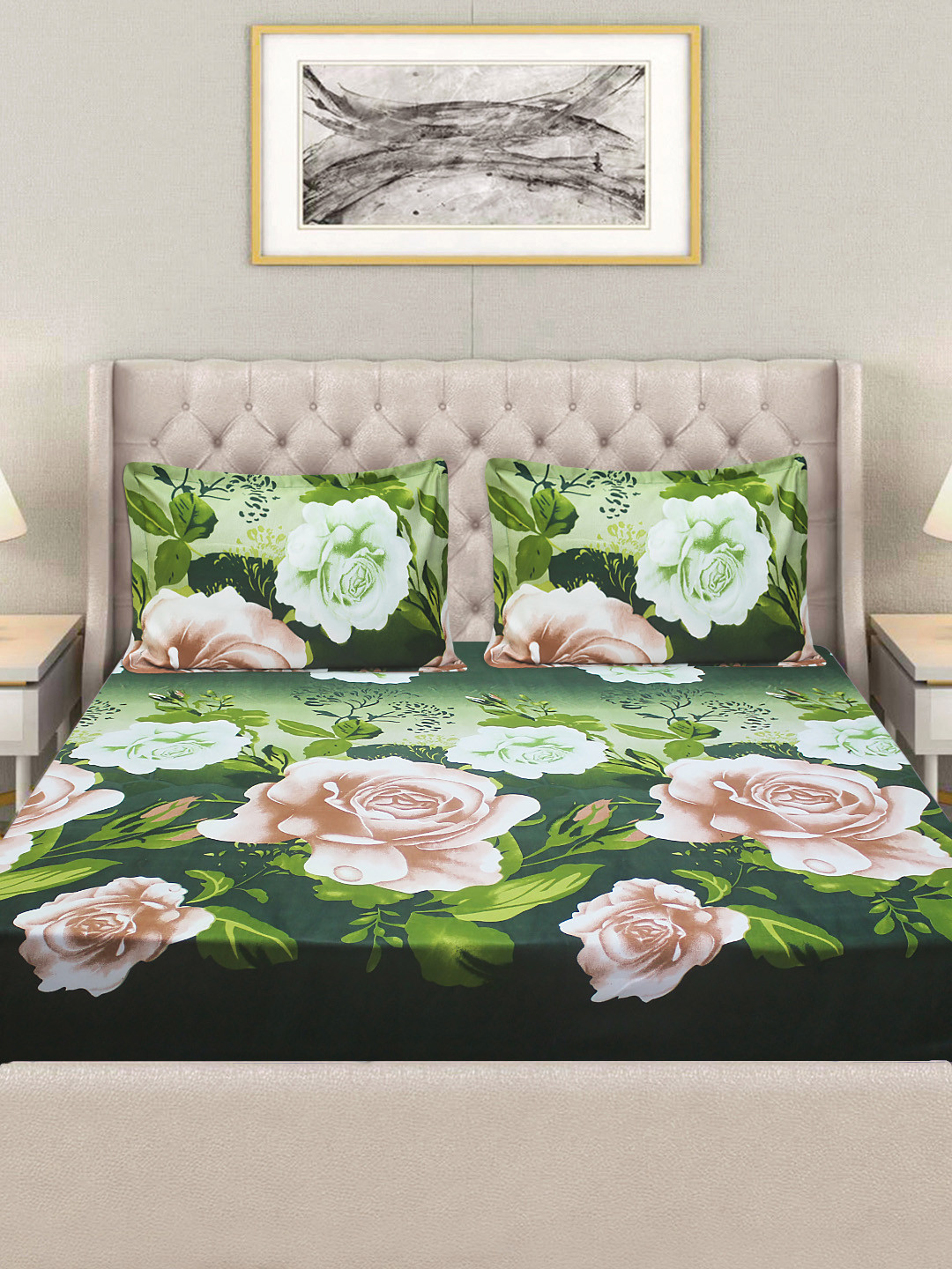 

Good Homes by Home Candy Green & Brown Floral 144 TC Queen Bedsheet with 2 Pillow Covers