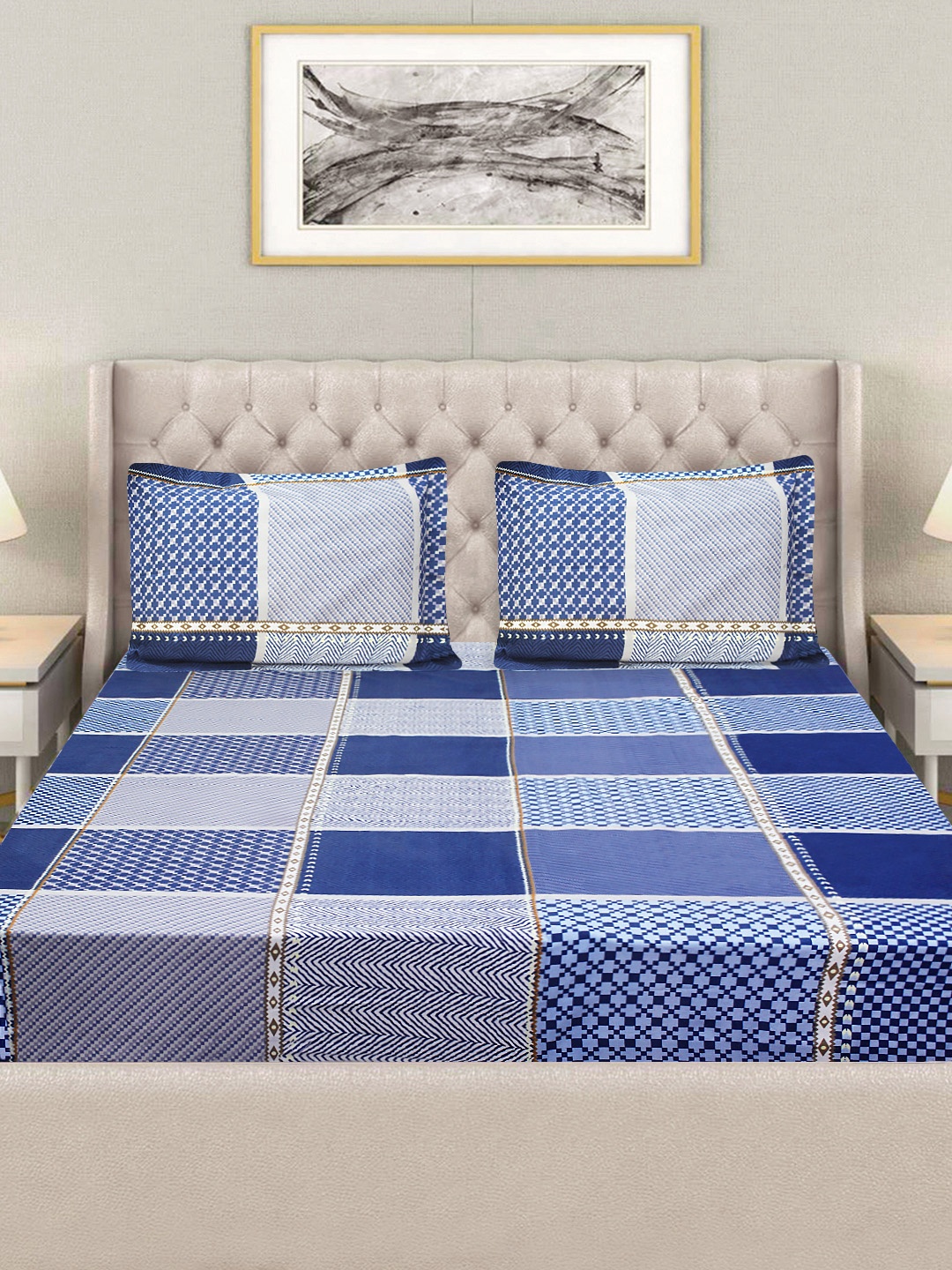 

Good Homes by Home Candy Blue & White Geometric Printed Superfine Bedsheet 144 TC