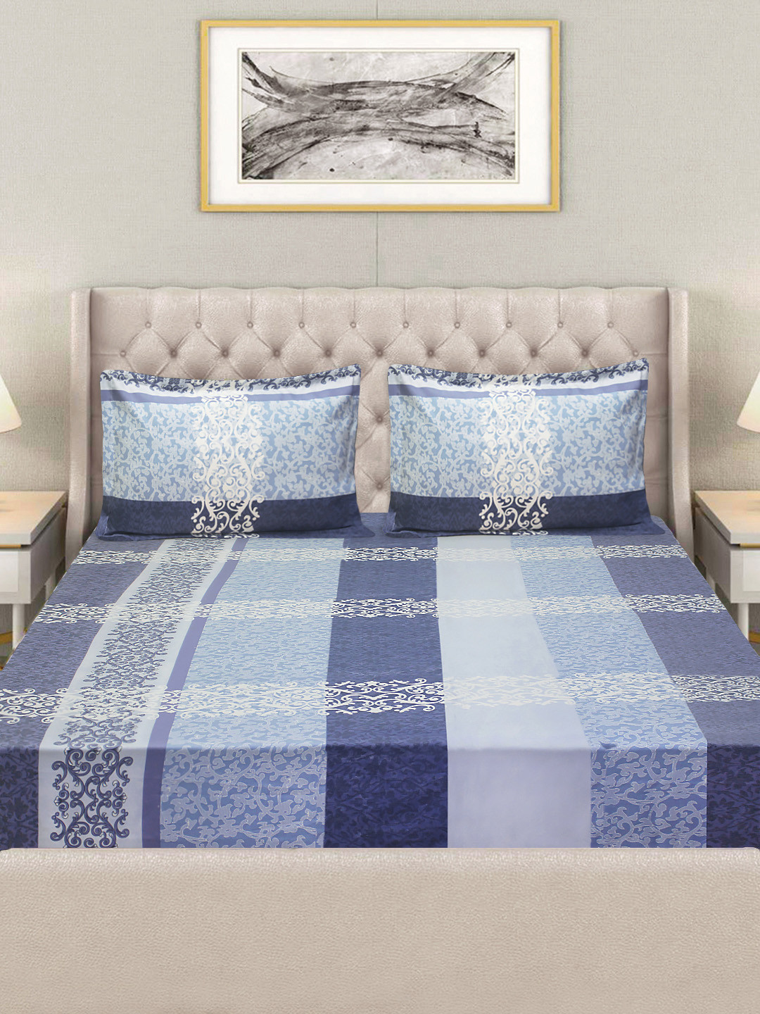 

Good Homes by Home Candy Blue & White Ethnic Motifs 144 TC Queen Bedsheet with 2 Pillow Covers