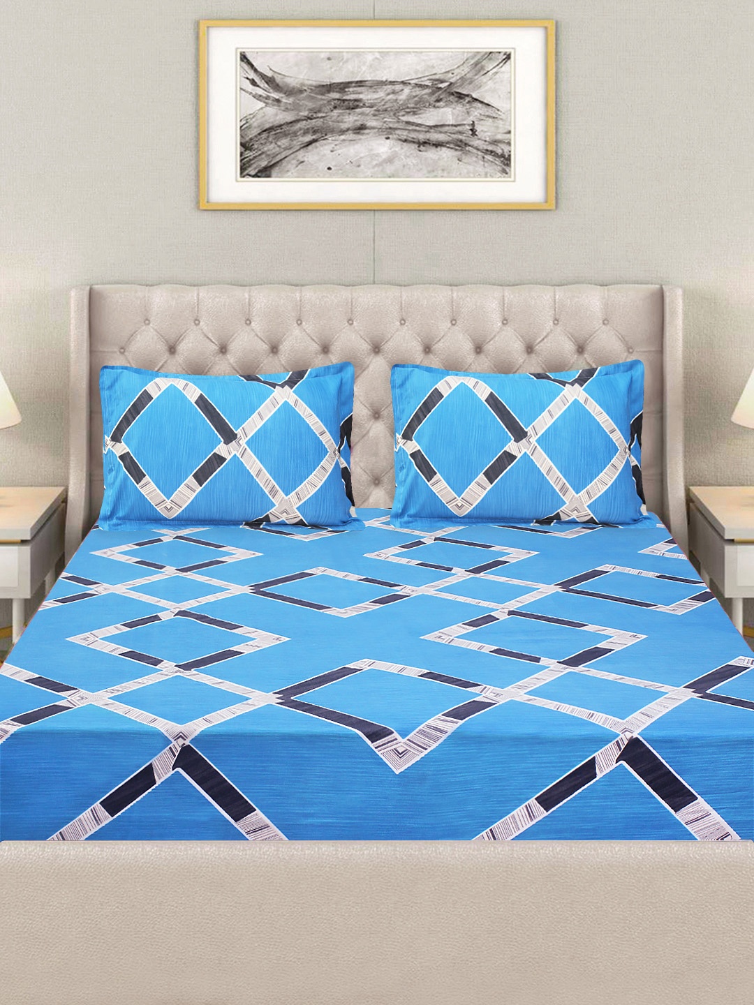 

Good Homes by Home Candy Blue & Grey 144 TC Queen Bedsheet with 2 Pillow Covers