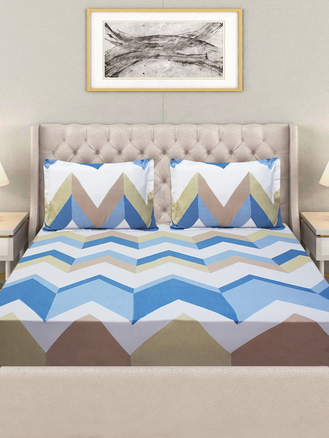 

Good Homes by Home Candy Blue & White Geometric 144 TC Queen Bedsheet with 2 Pillow Covers