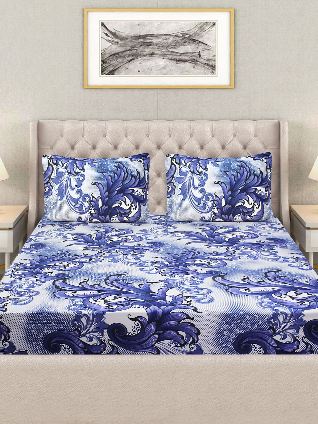 

Good Homes by Home Candy Blue & White Floral Printed Superfine Queen Size Bedsheet 144 TC
