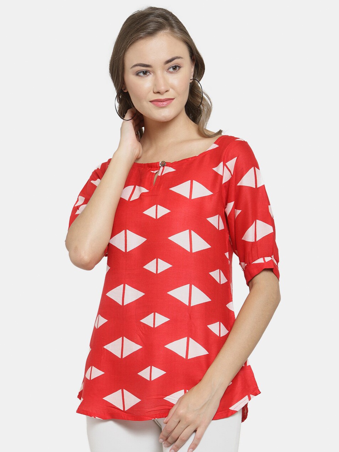 

Enchanted Drapes Red & White Geometric Print Keyhole Neck Crepe Top