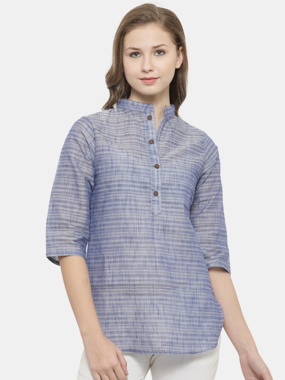 

Enchanted Drapes Blue Striped Mandarin Collar Pure Cotton Shirt Style Top