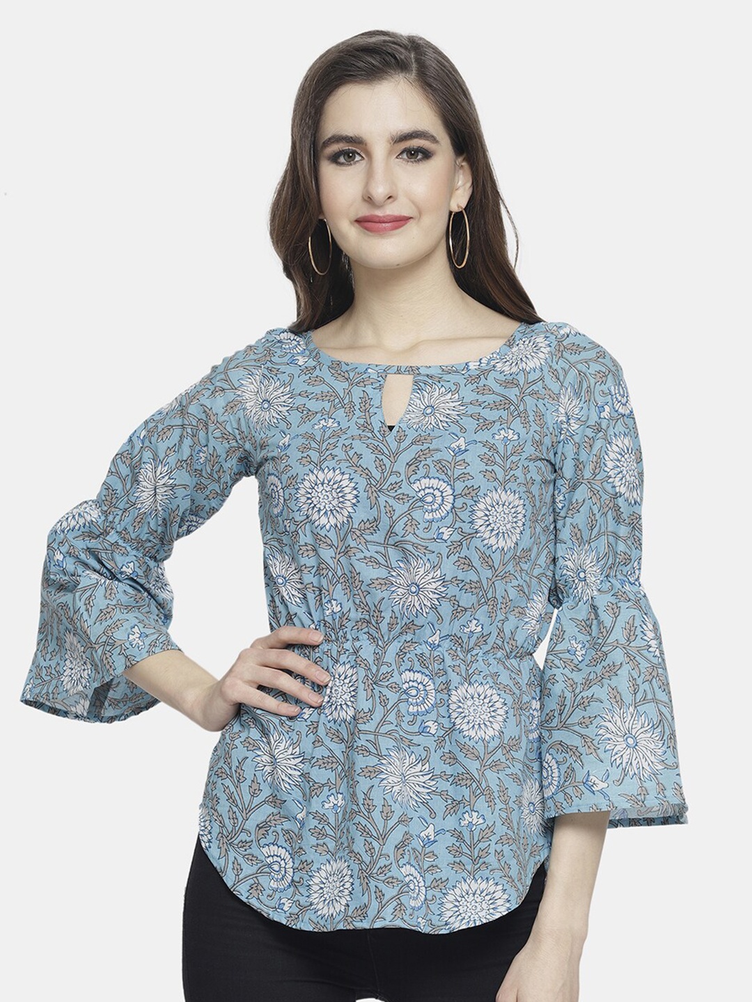 

Enchanted Drapes Blue & White Print Keyhole Neck Pure Cotton Top