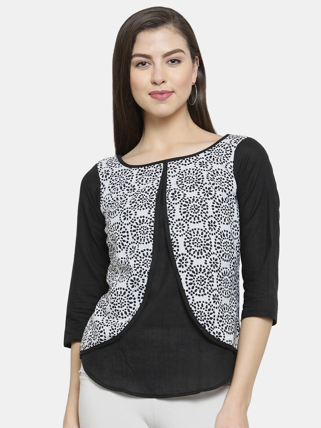 

Enchanted Drapes Black Printed Jaipuri Cotton Layered Top