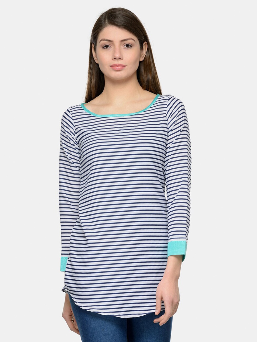 

Enchanted Drapes Blue Striped Crepe Longline Top