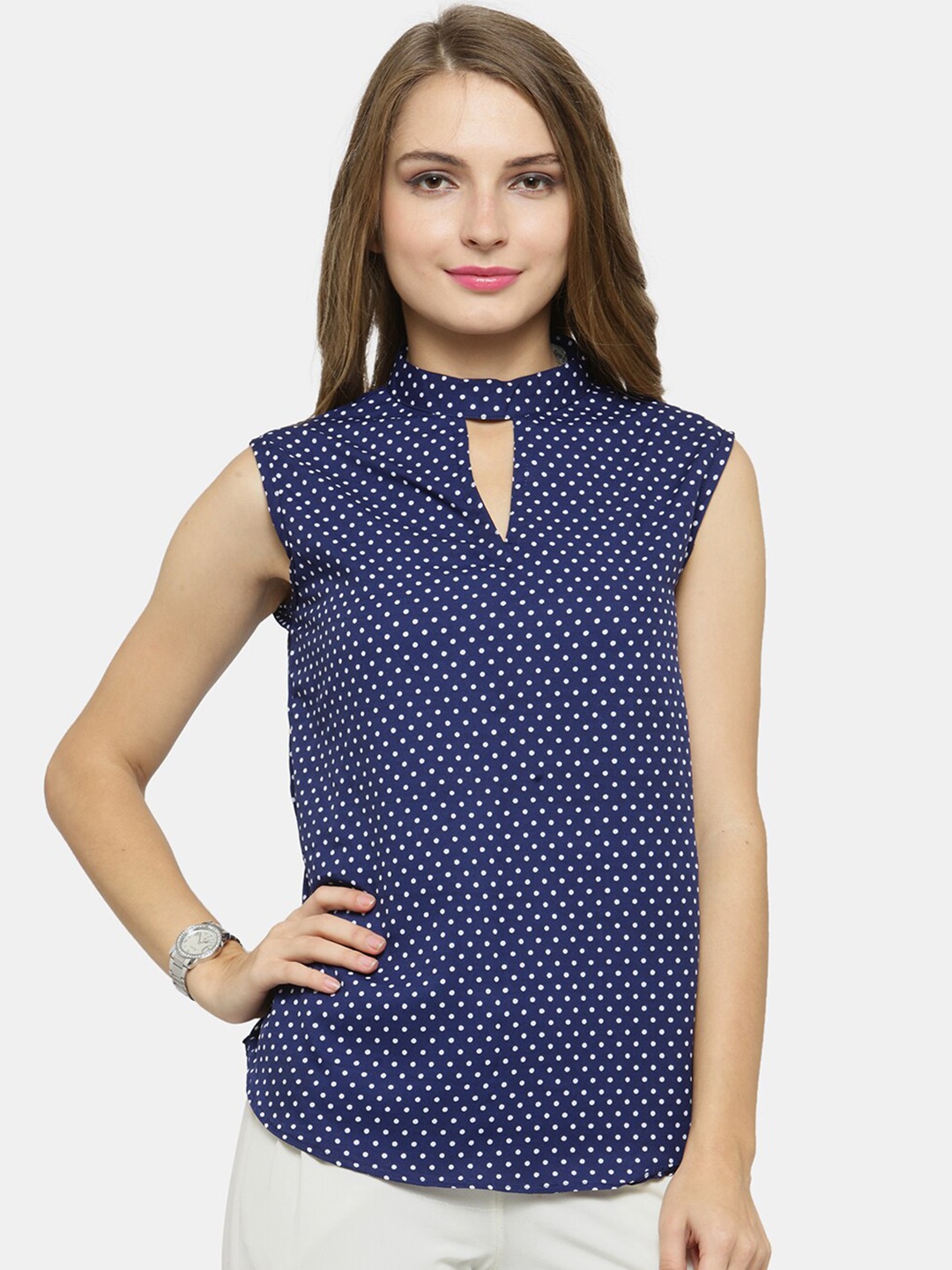 

Enchanted Drapes Blue & White Polka Dot Print Choker Neck Crepe Top