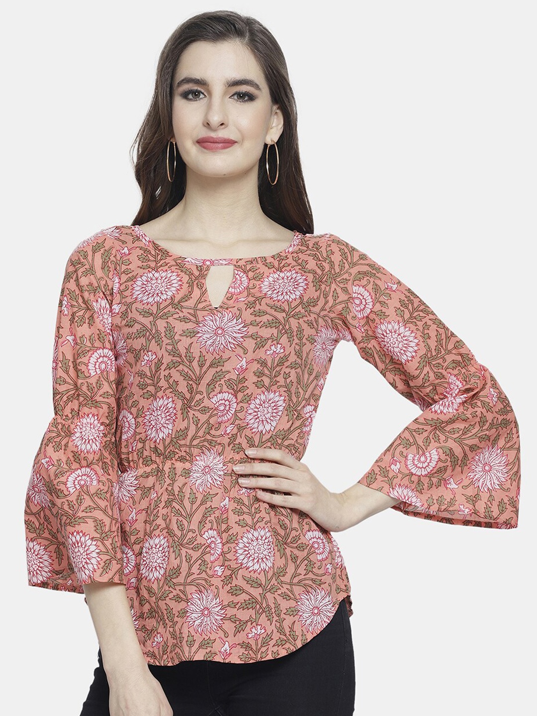 

Enchanted Drapes Peach Ethnic Print Cinched Waist Top