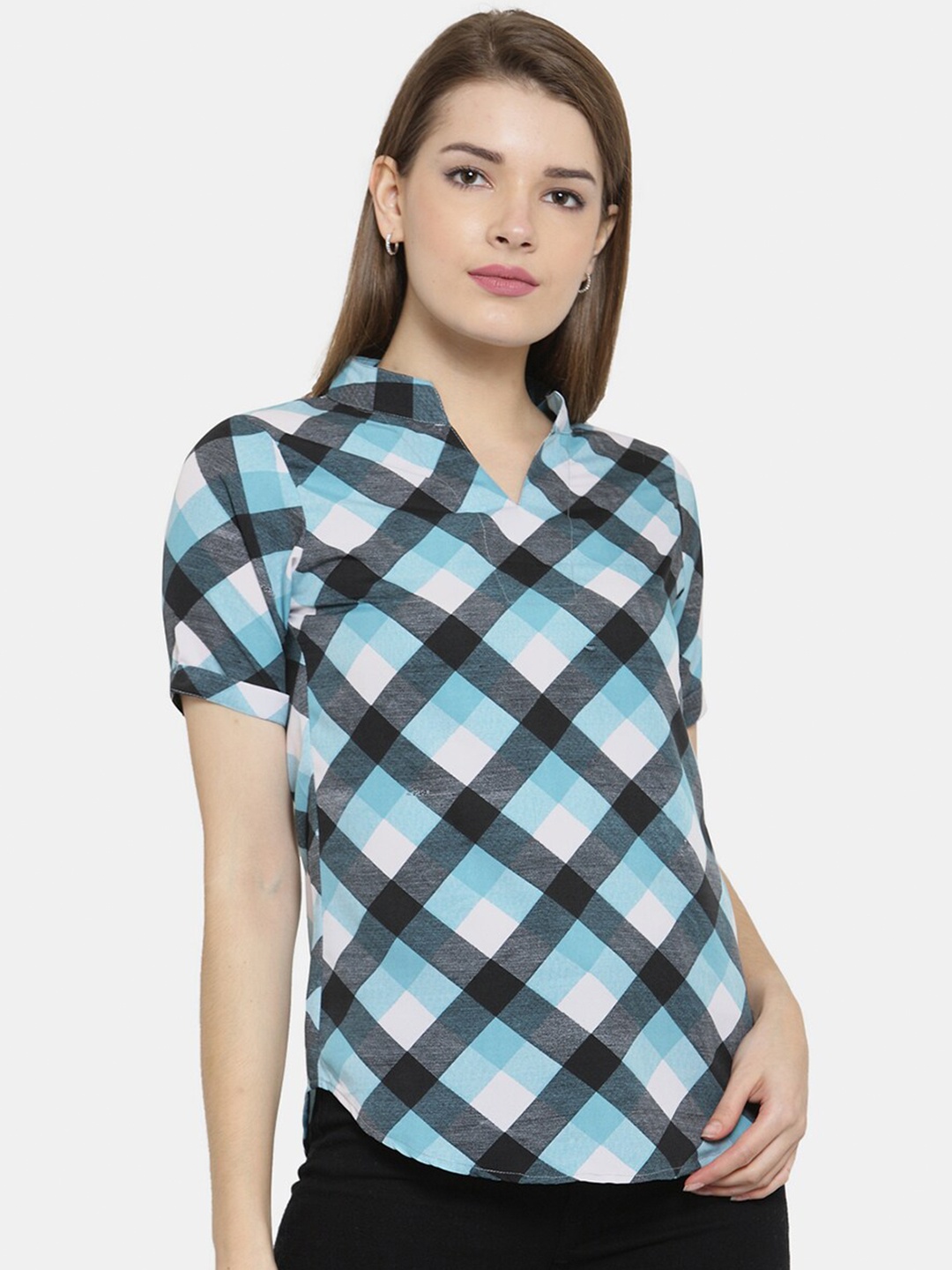 

Enchanted Drapes Blue & Black Checked Mandarin Collar Crepe Shirt Style Top