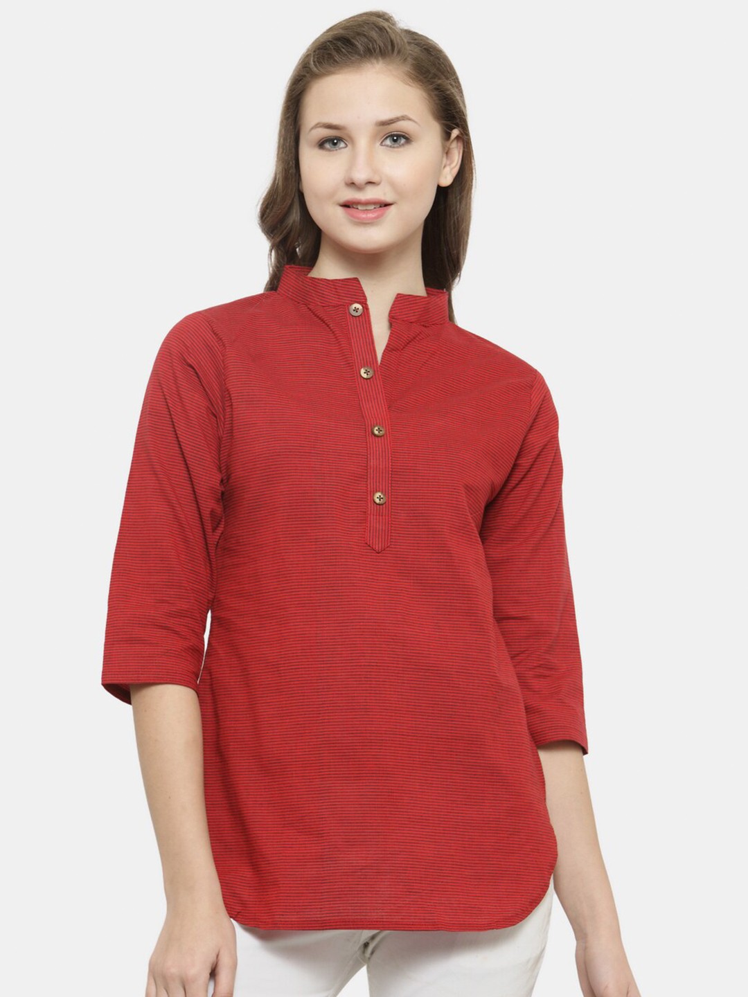 

Enchanted Drapes Rust Mandarin Collar Shirt Style Top