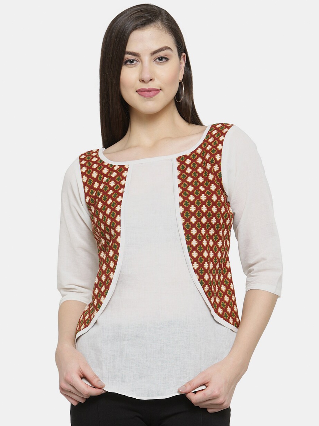 

Enchanted Drapes White & Brown Print Layered Jaipuri Pure Cotton Top