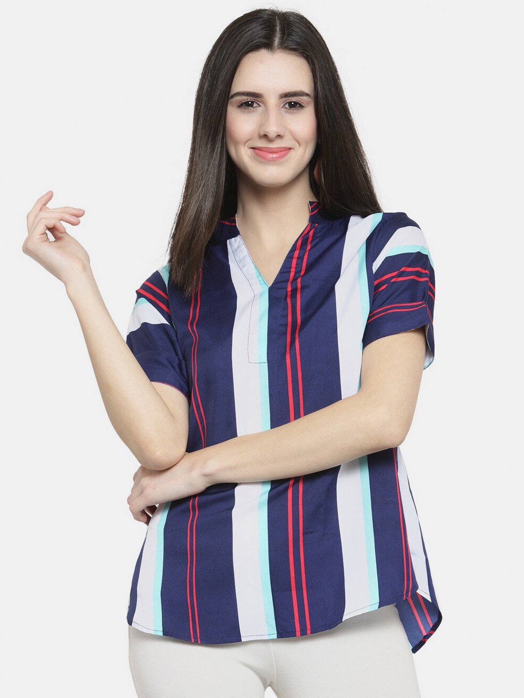 

Enchanted Drapes Blue Striped Mandarin Collar Crepe Top