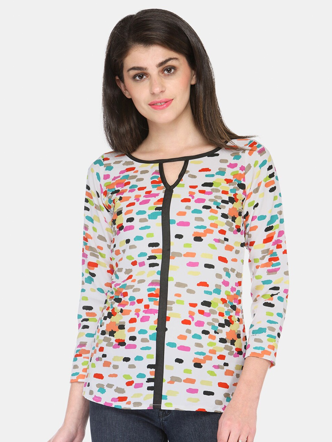

Enchanted Drapes White & Pink Print Keyhole Neck Crepe Top