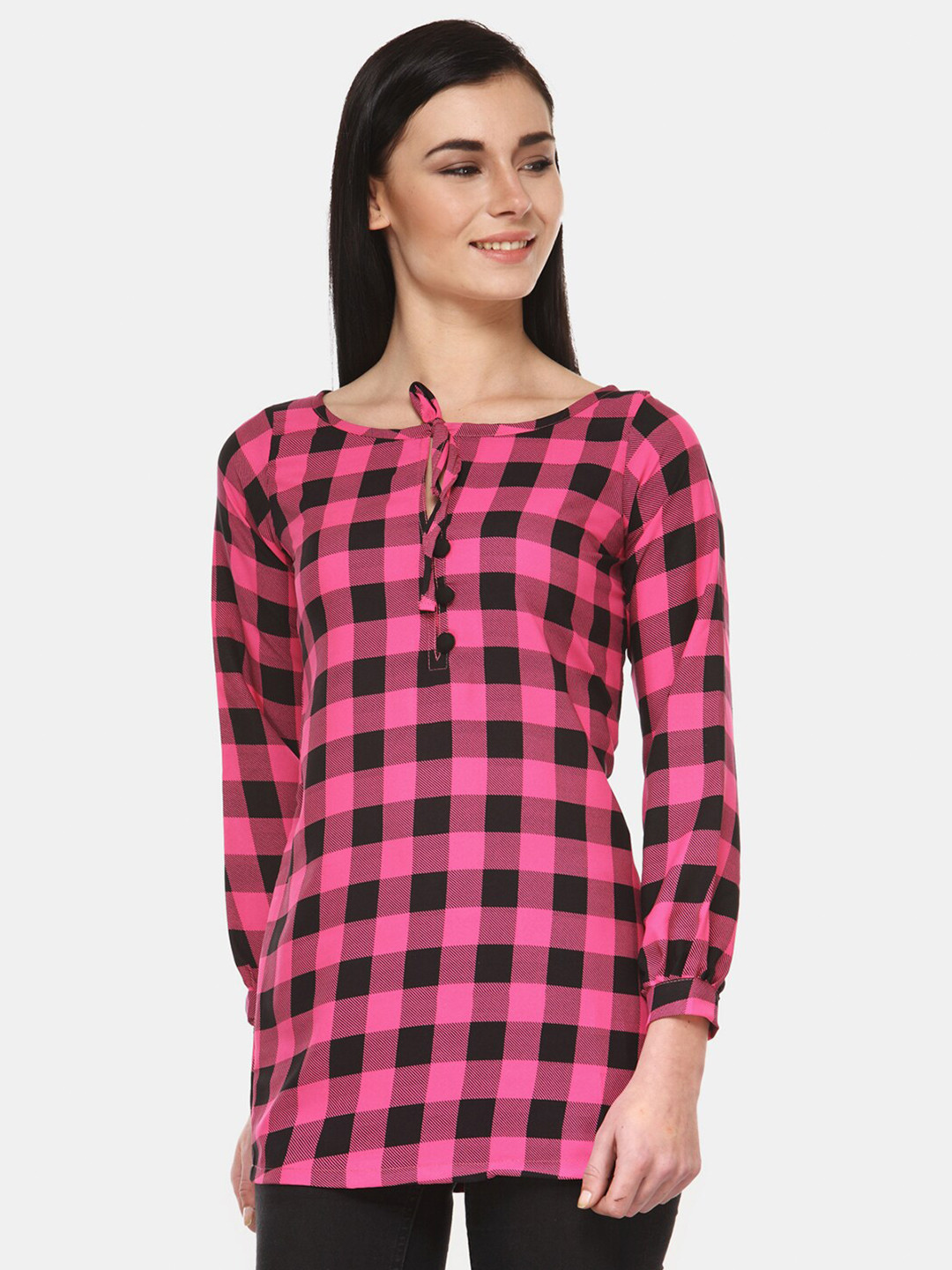 

Enchanted Drapes Pink & Black Checked Tie-Up Neck Crepe Top