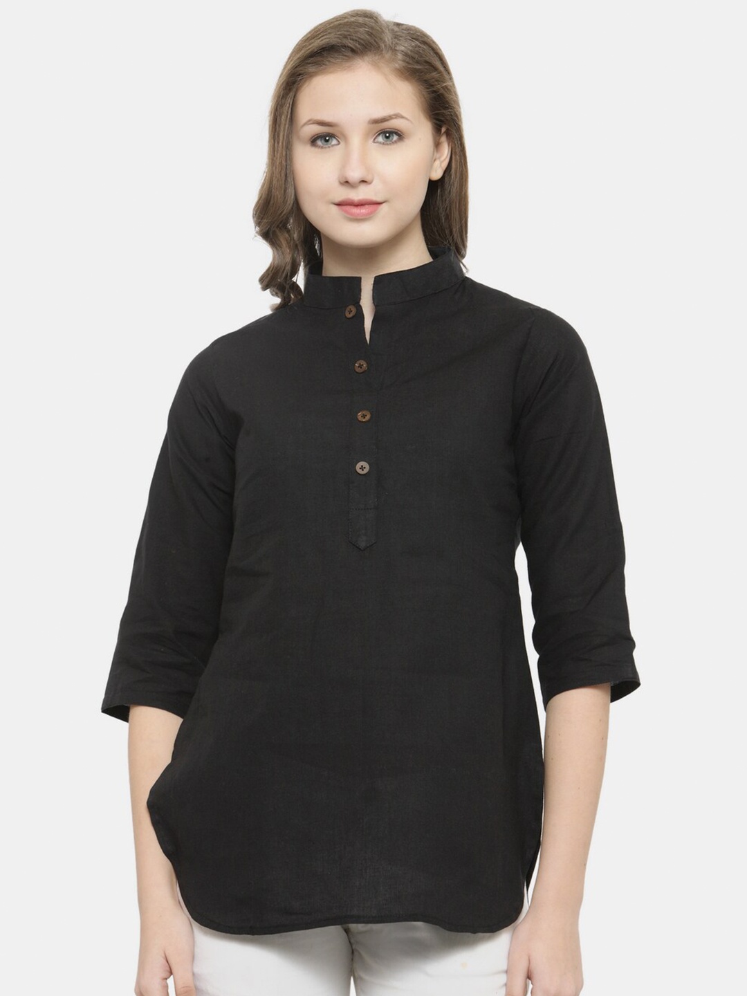 

Enchanted Drapes Black Mandarin Collar Pure Cotton Shirt Style Top
