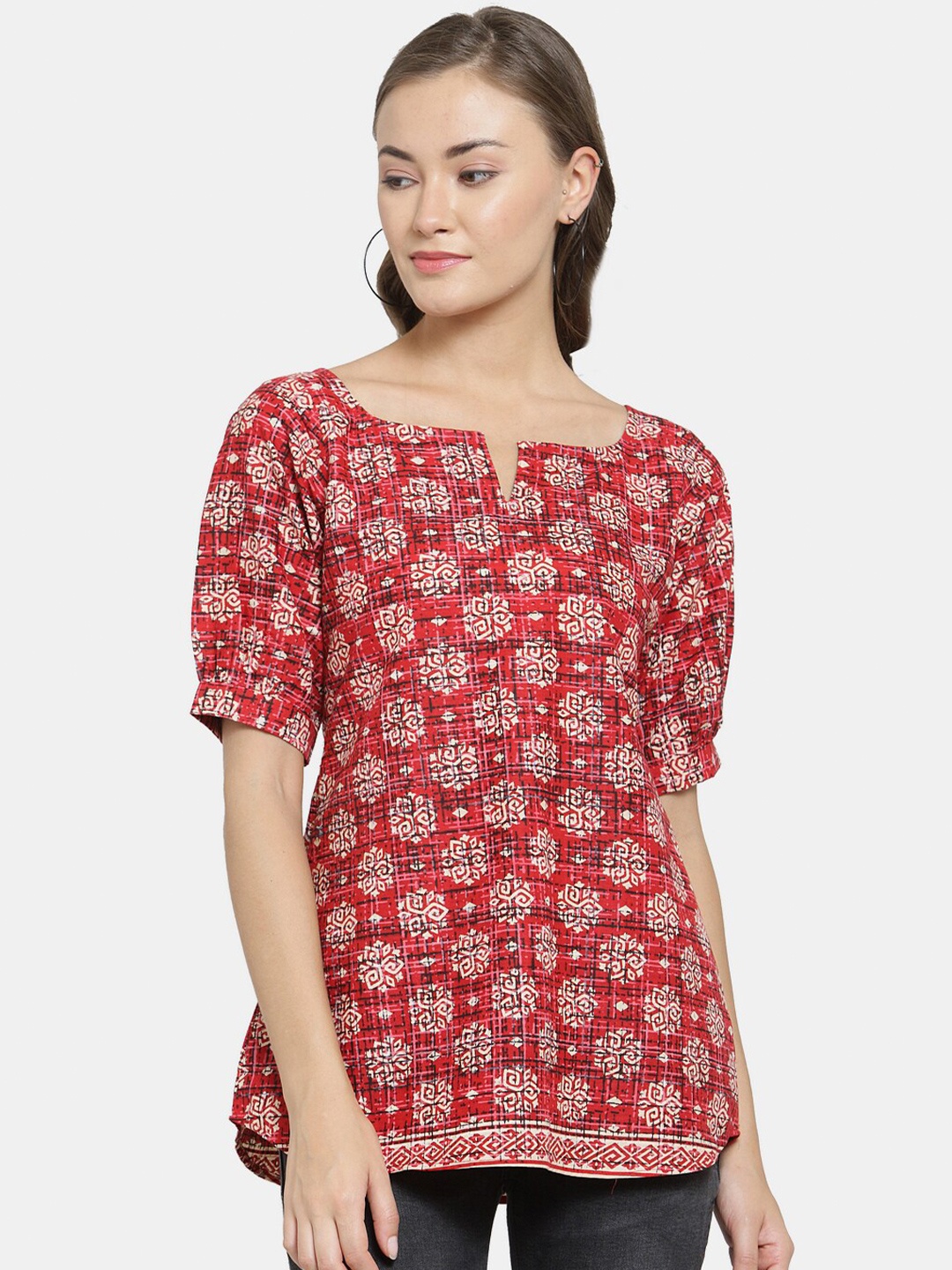 

Enchanted Drapes Red Ethnic Print Jaipuri Cotton Top