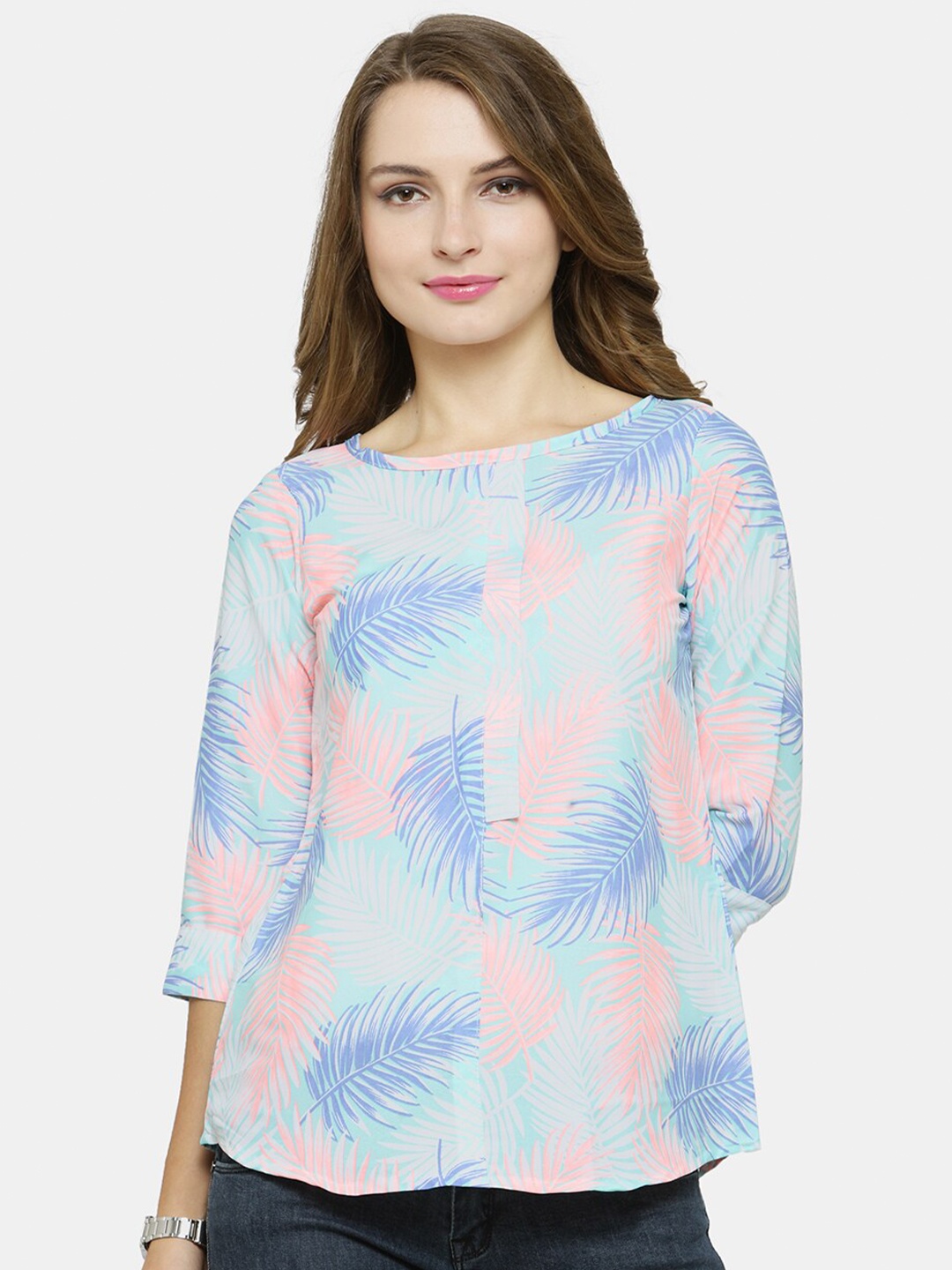 

Enchanted Drapes Blue & Pink Tropical Print Tropical Crepe Top