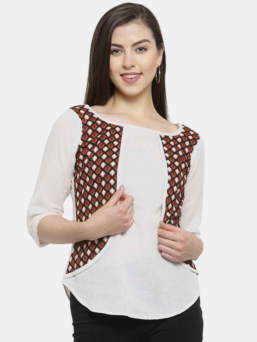 

Enchanted Drapes White & Brown Print Layered Jaipuri Pure Cotton Top