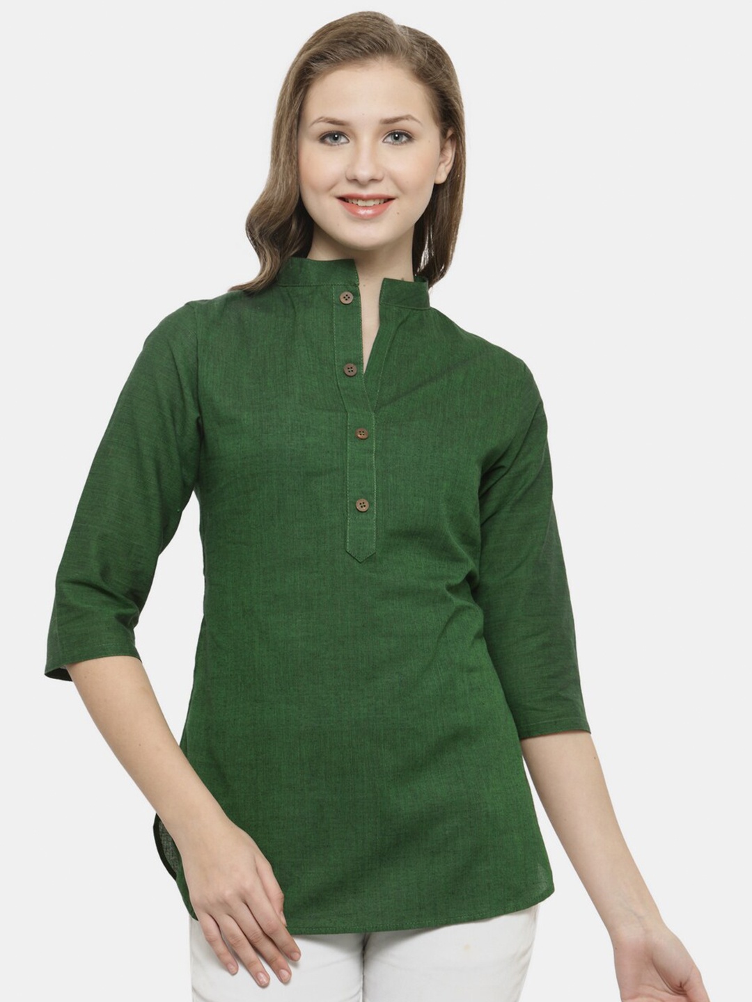 

Enchanted Drapes Green Mandarin Collar Pure Cotton Shirt Style Top