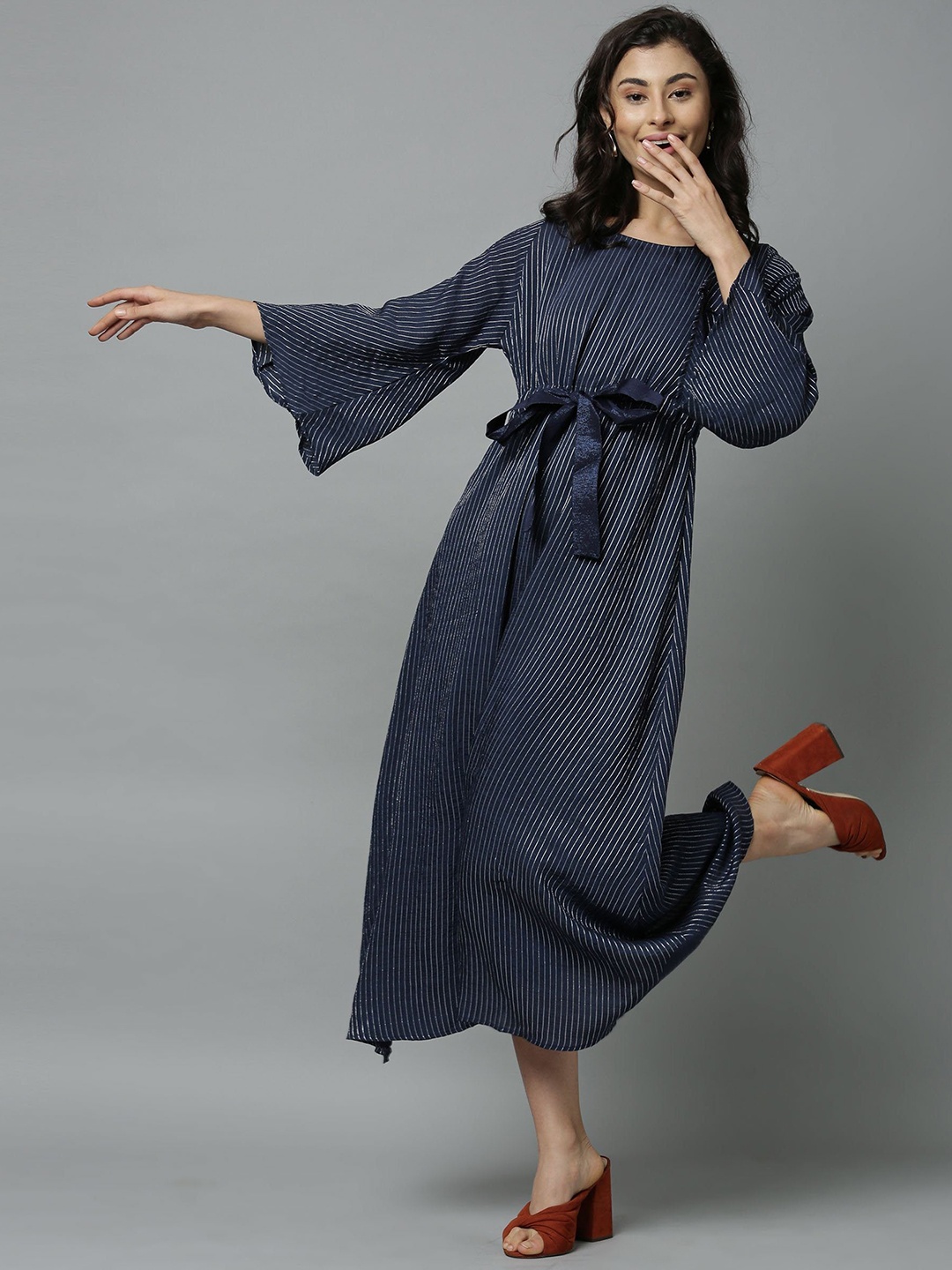 

RAREISM Women Navy Blue & White Striped A-Line Midi Dress