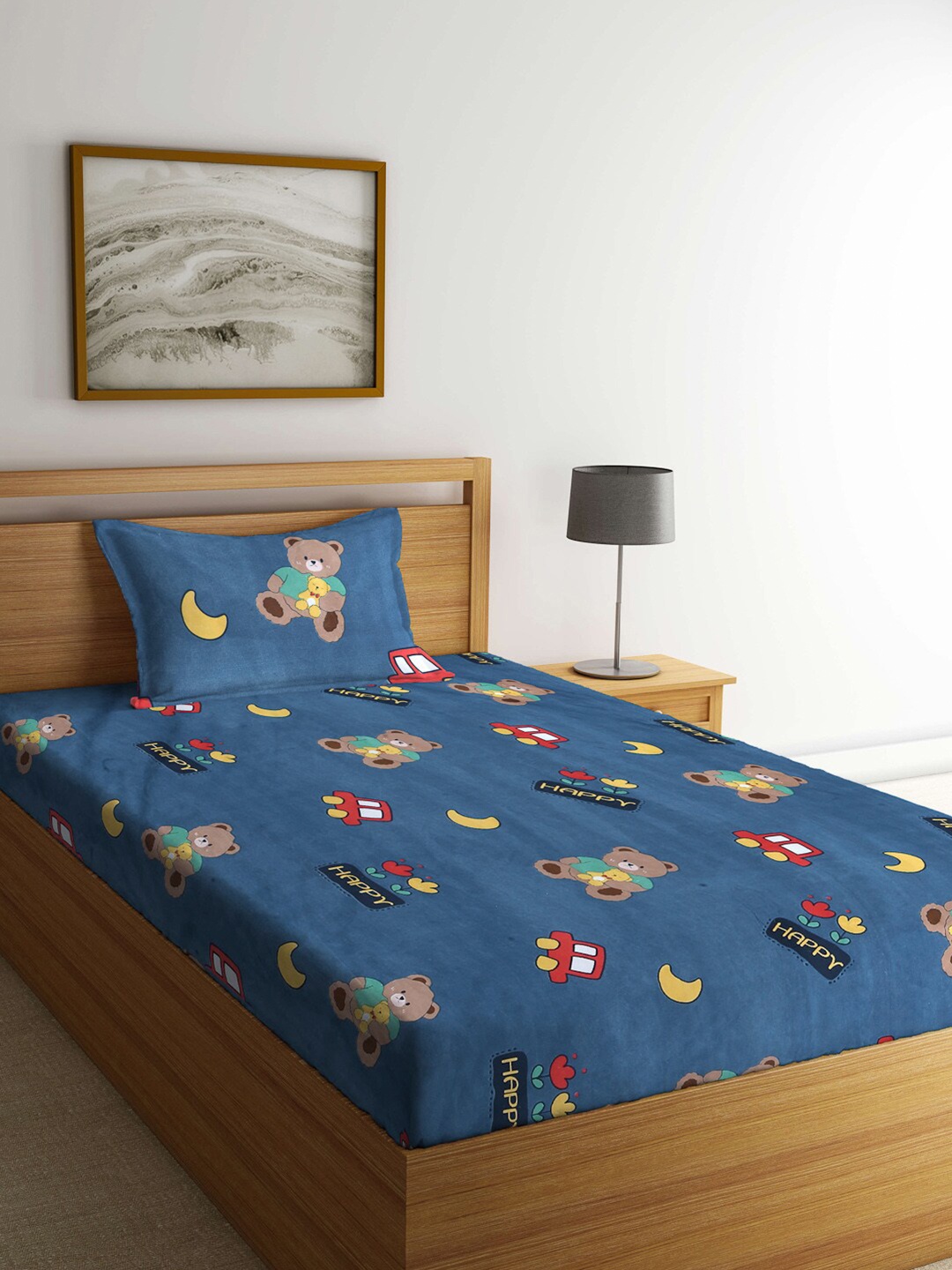 

KLOTTHE Blue & Red Cartoon Characters 210 TC Single Bedsheet with 1 Pillow Covers