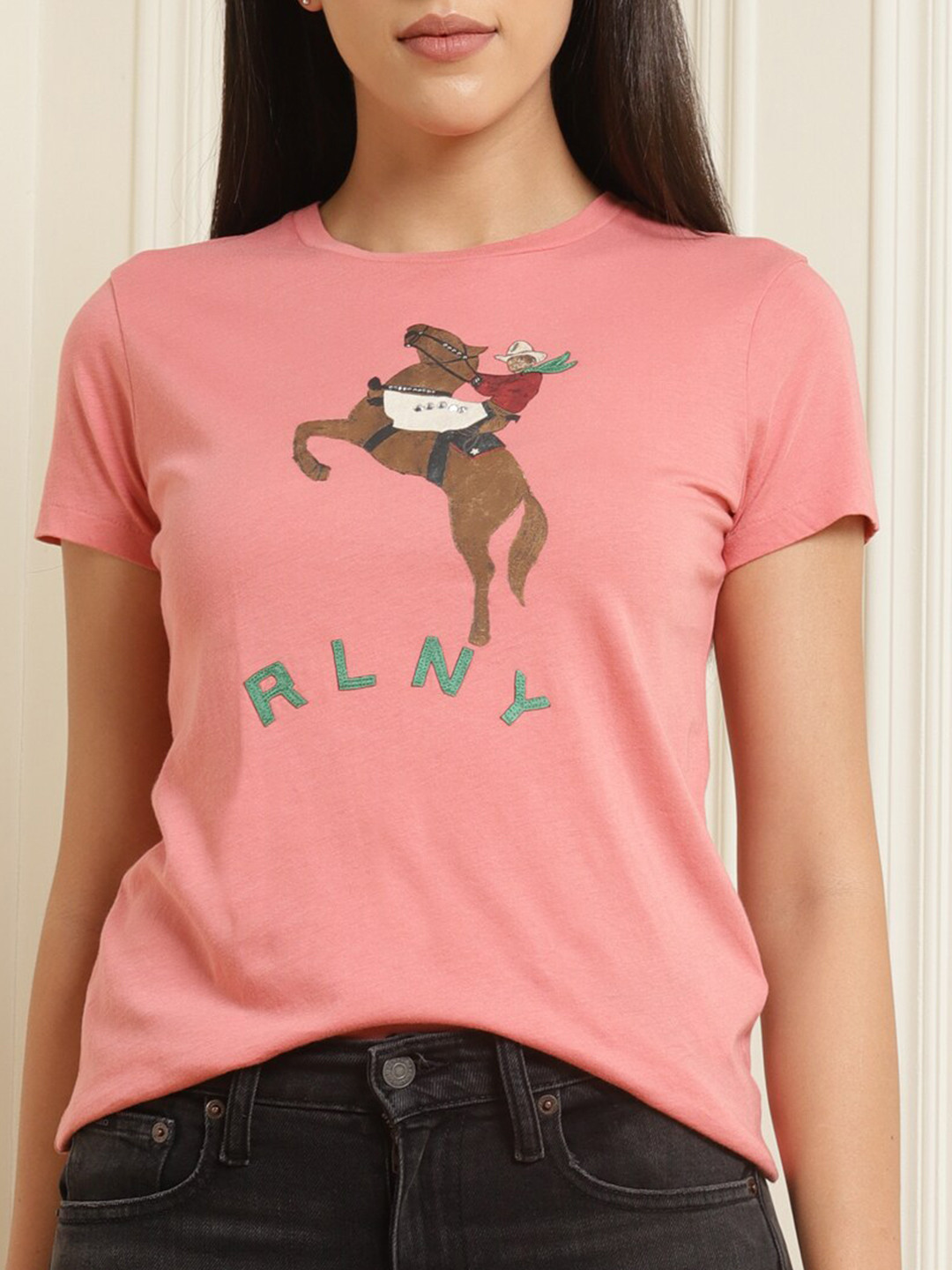 

Polo Ralph Lauren Women Pink & Brown Printed Applique Pure Cotton T-shirt