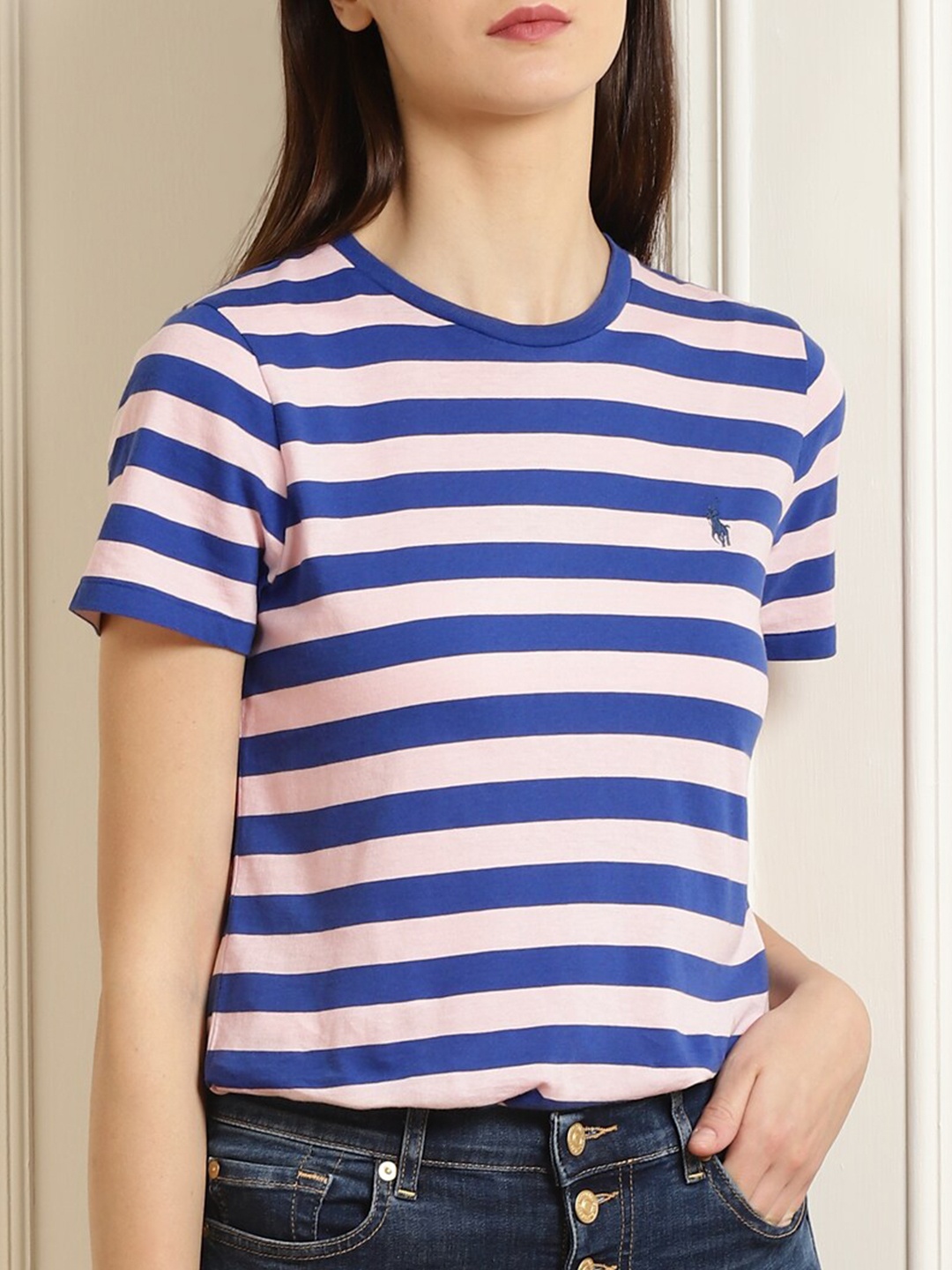 

Polo Ralph Lauren Women Blue & Pink Striped Pure Cotton T-shirt