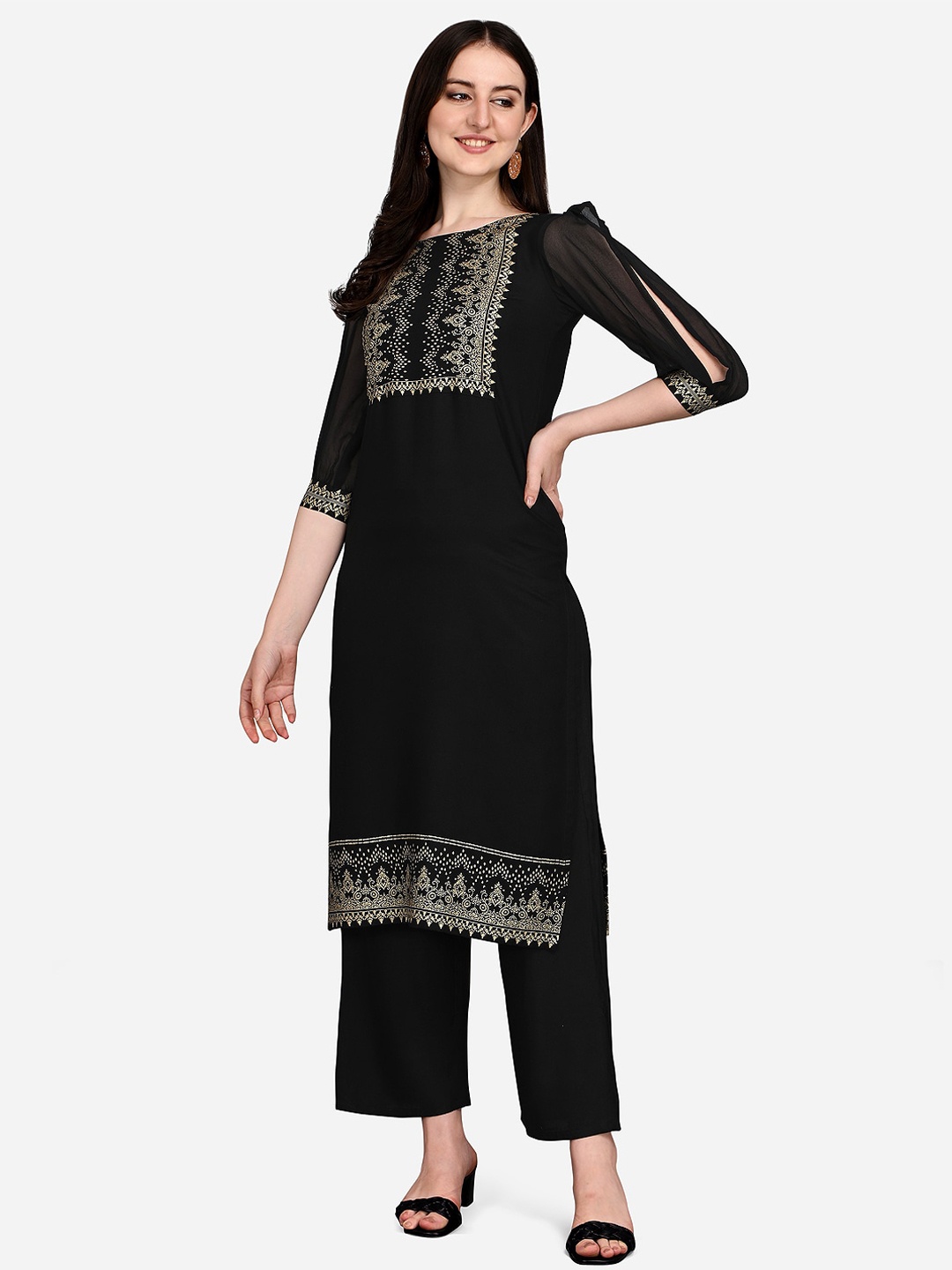 

KALINI Women Black Floral Yoke Design Kurta