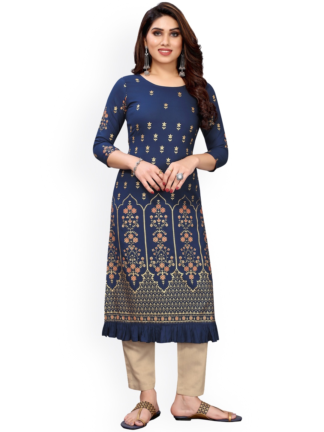 

KALINI Women Navy Blue & Gold-Toned Ethnic Motifs Printed Kurta