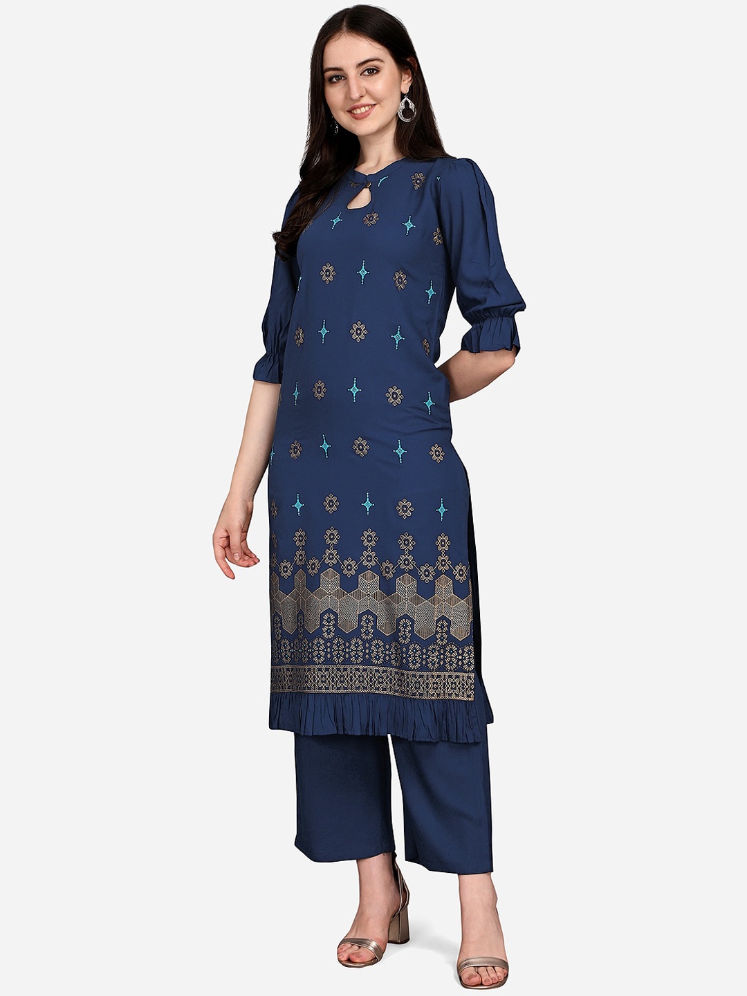 

KALINI Woman Blue Ethnic Motifs Printed Keyhole Neck Kurta