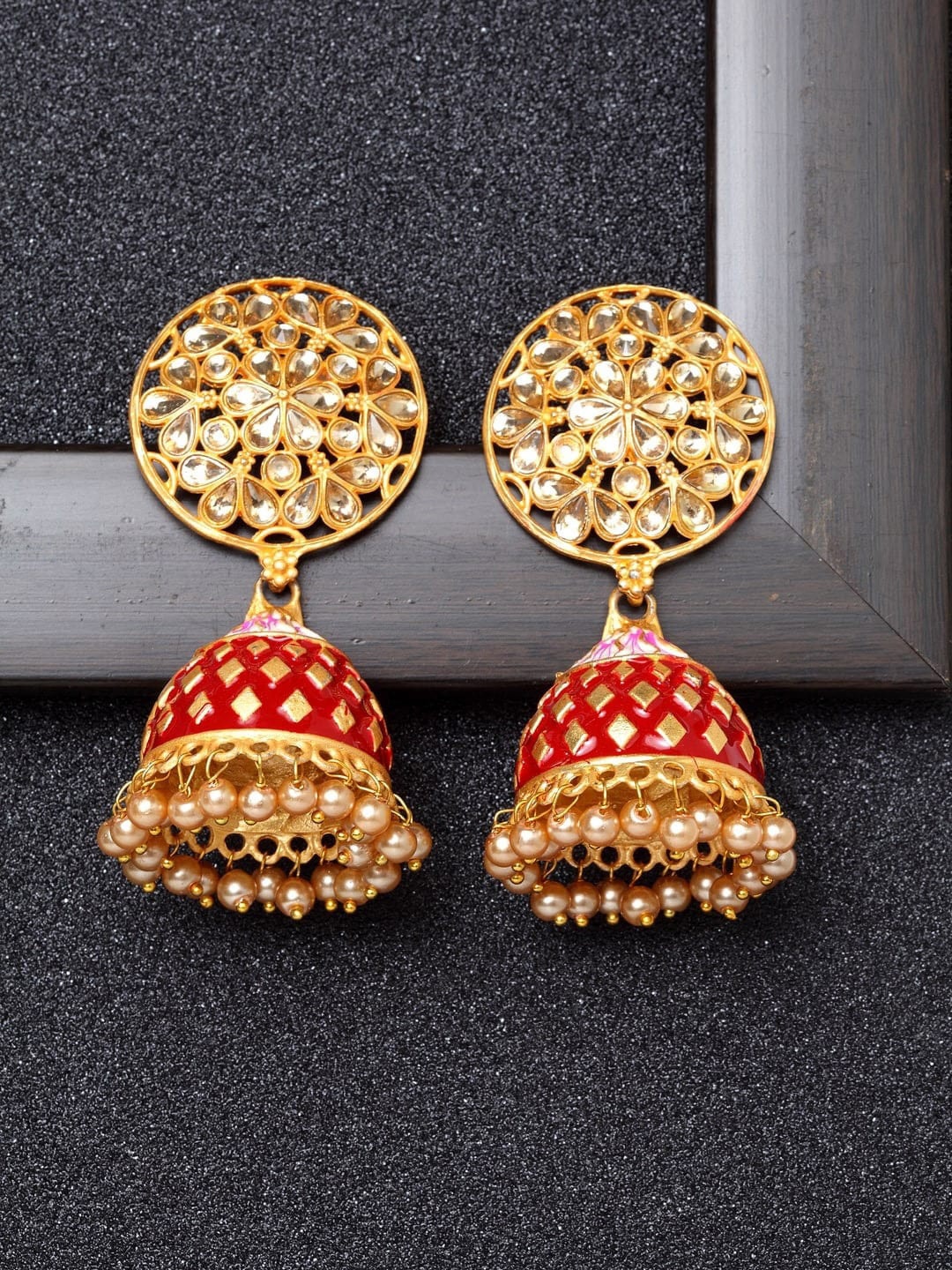 

AVANT-GARDE PARIS Red Gold-Plated Dome Shaped Meenakari Jhumkas Earrings