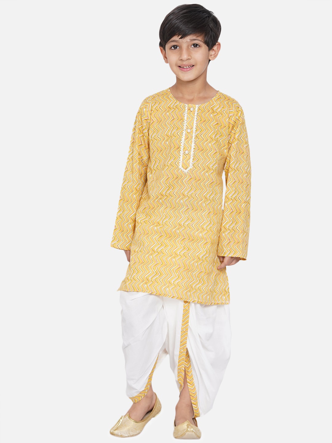

Little Bansi Boys Yellow Printed Kurta with Dhoti Pants