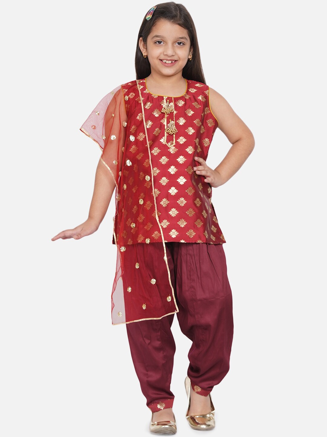 

Little Bansi Girls Maroon Ethnic Motifs Kurta with Salwar & With Dupatta