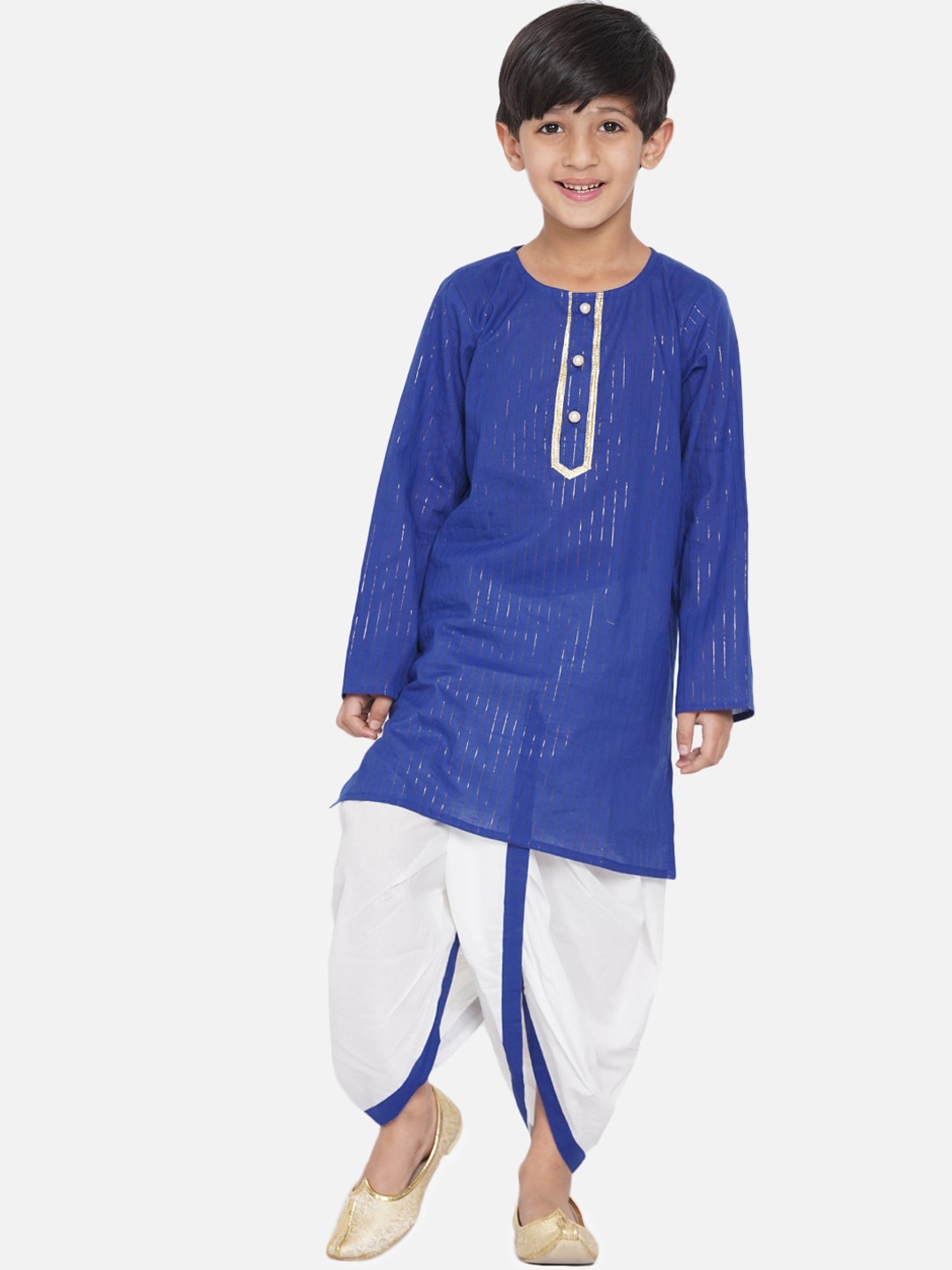 

Little Bansi Boys Blue Striped Gotta Patti Kurta with Dhoti Pants