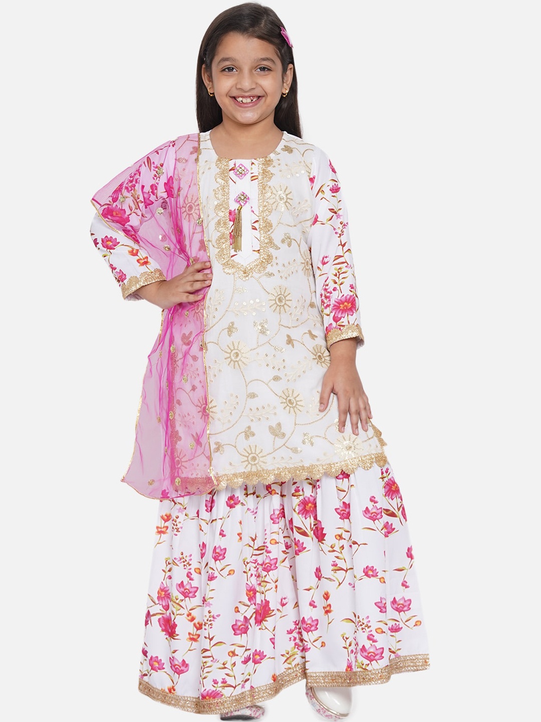 

Little Bansi Girls White Ethnic Motifs Embroidered Gotta Patti Kurti with Sharara & With Dupatta