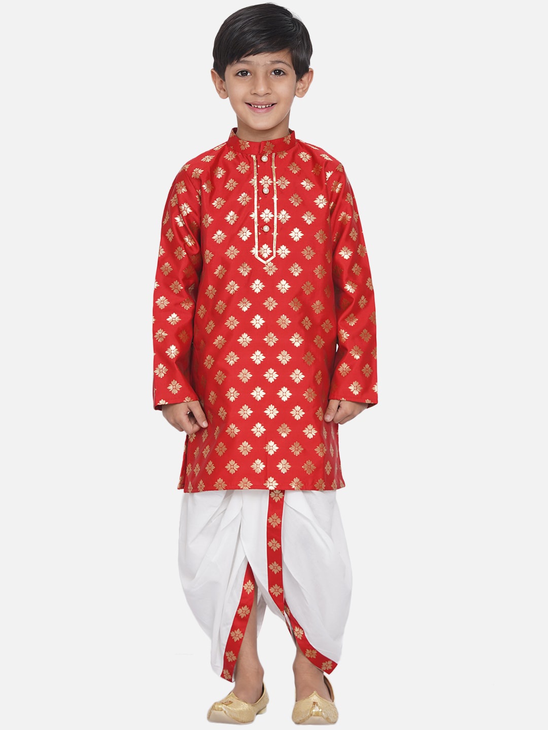 

Little Bansi Boys Red Ethnic Motifs Kurta with Dhoti Pants