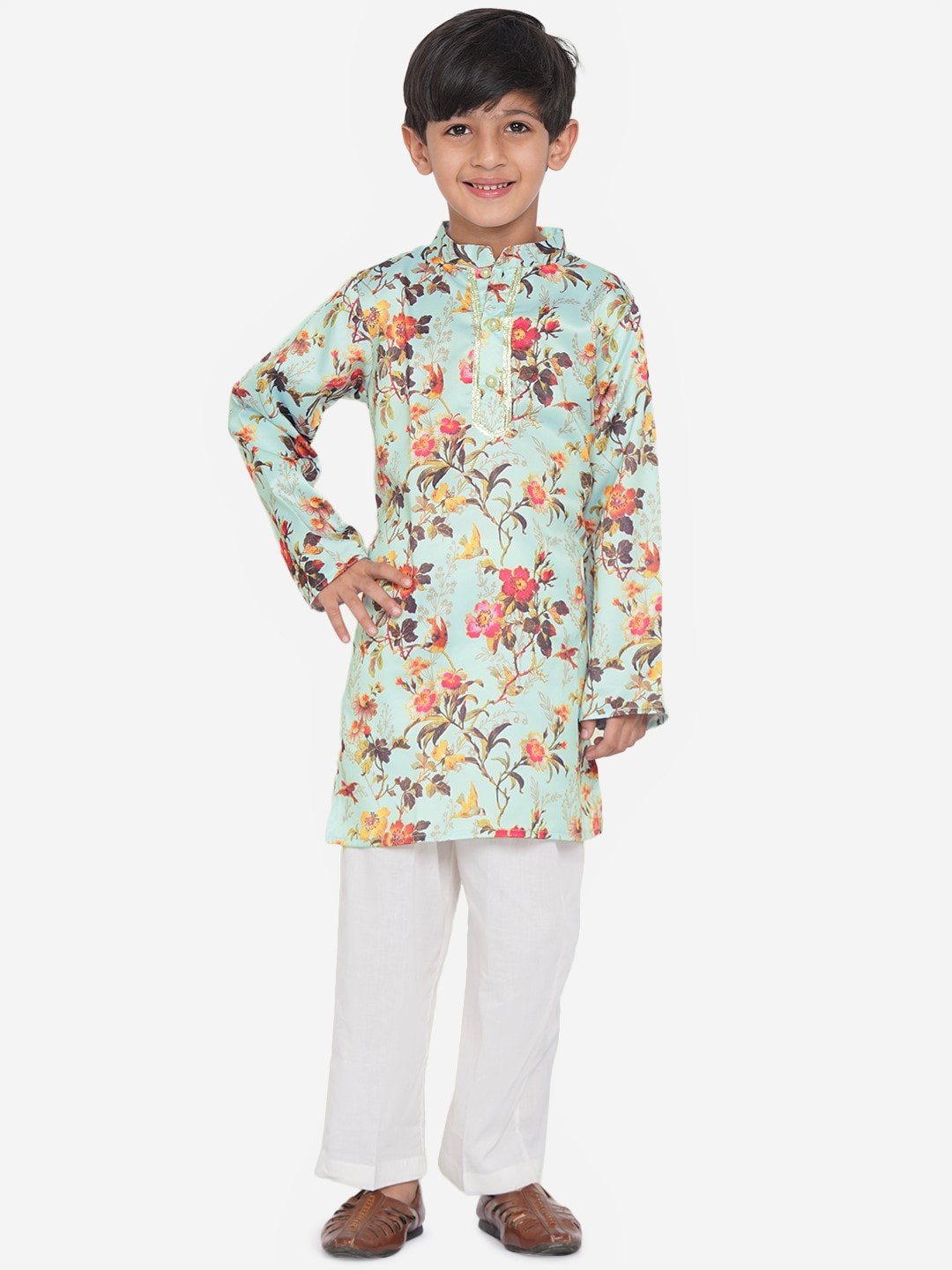 

Little Bansi Boys Turquoise Blue Floral Printed Kurta with Pyjamas
