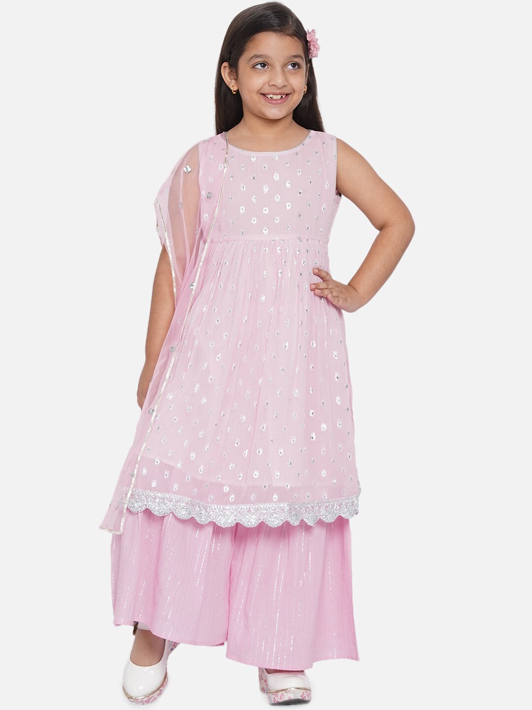 

Little Bansi Girls Pink Printed Kurta with Palazzos & With Dupatta