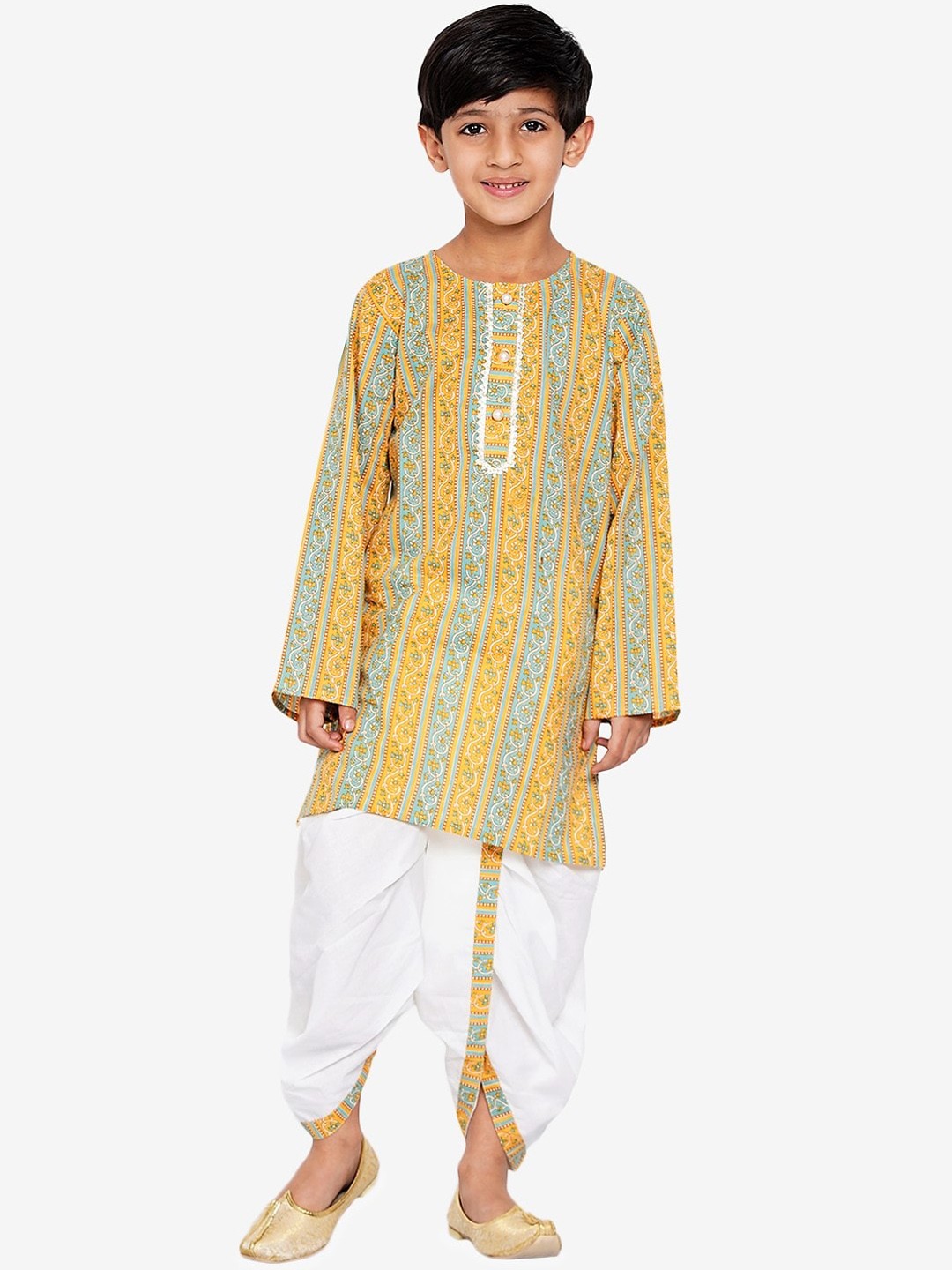 

Little Bansi Boys Orange Ethnic Motifs Printed Gotta Patti Kurta with Dhoti Pants