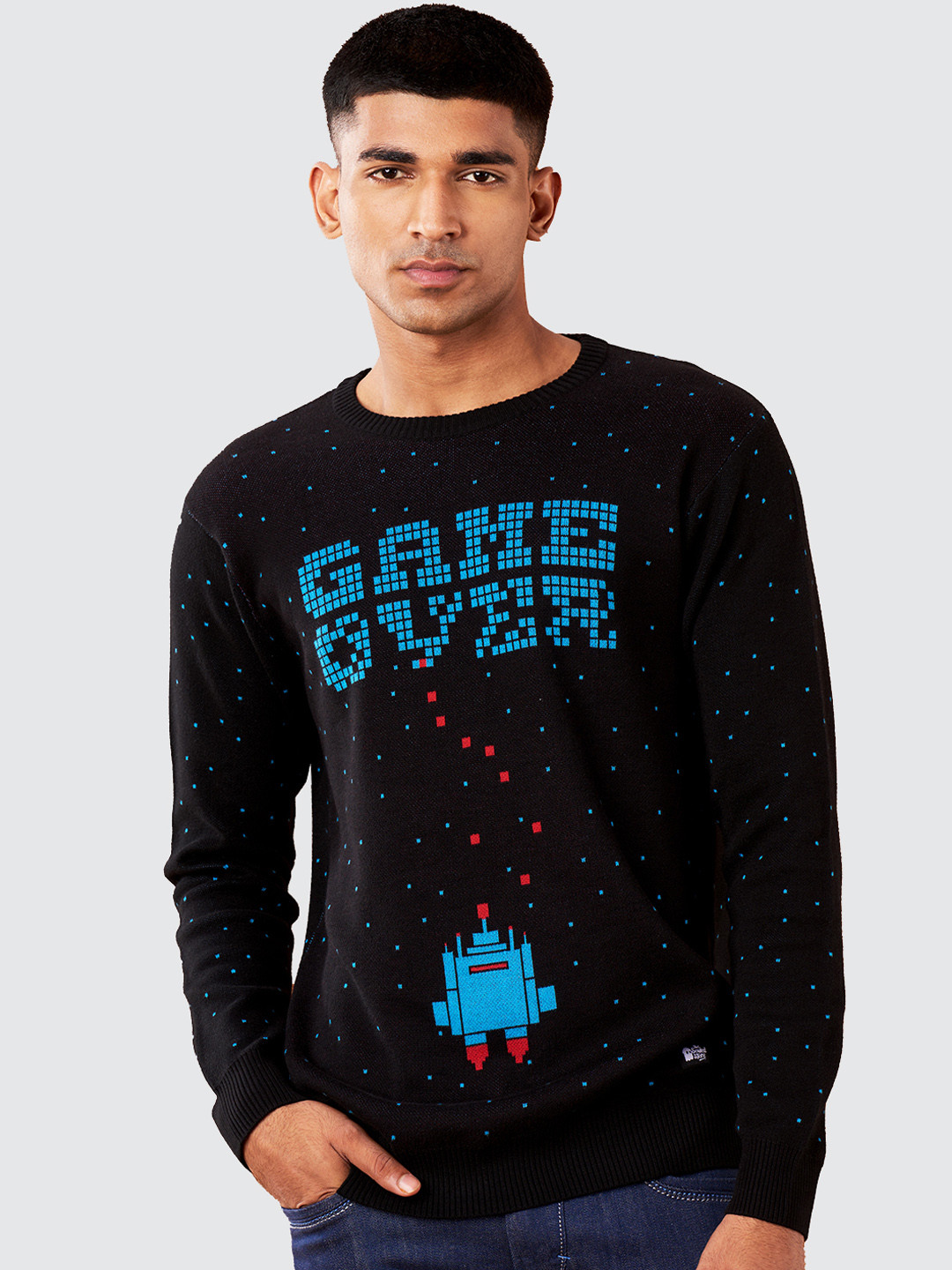 

The Souled Store Men Game Over Printed Cotton Pullover Sweater, Black