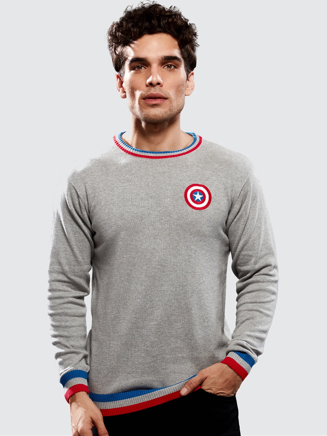 

The Souled Store Men Captain America Logo Printed Cotton Pullover Sweater, Grey