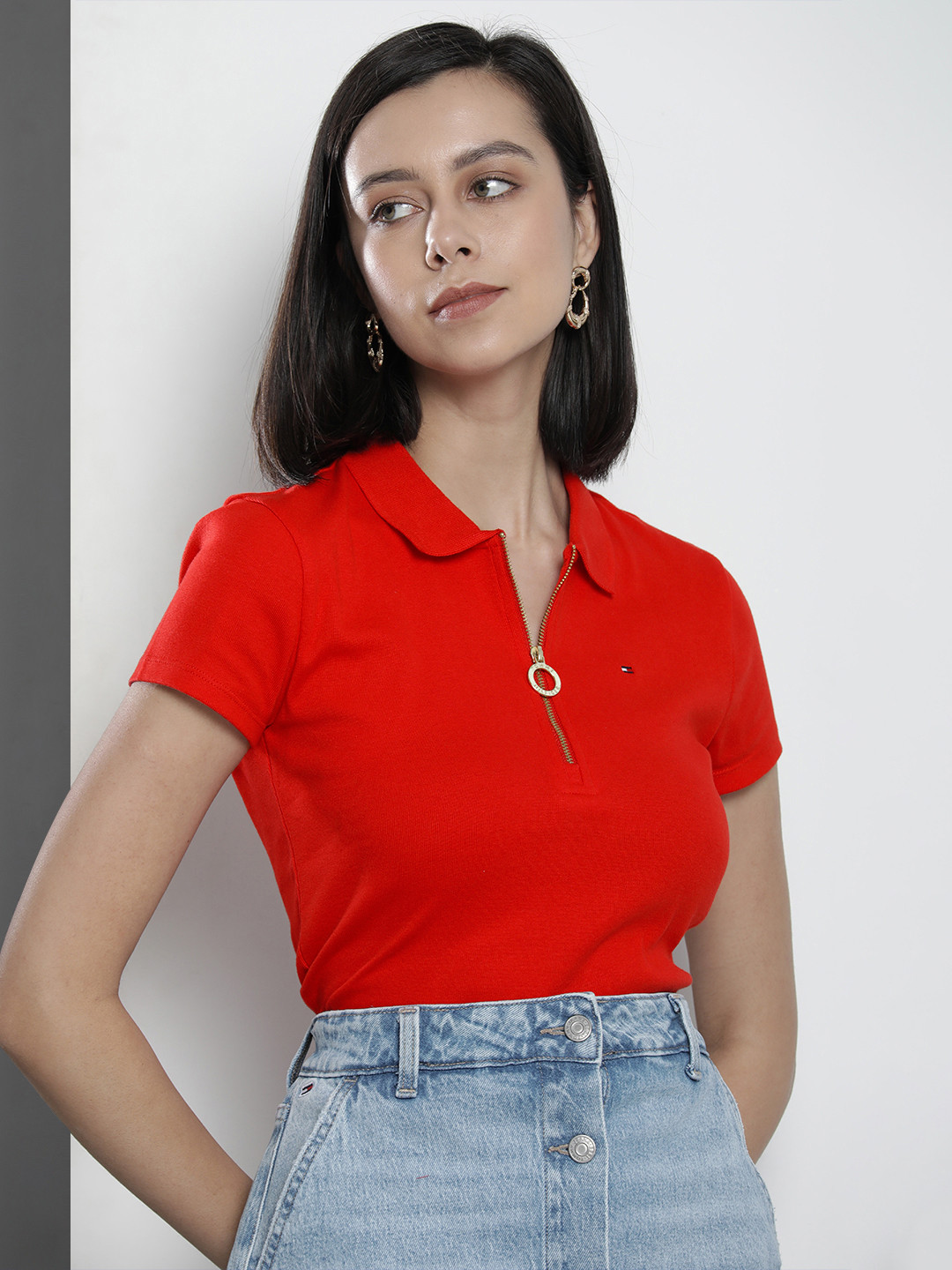 

Tommy Hilfiger Women Red Solid Polo Collar Pure Cotton Slim Fit T-shirt