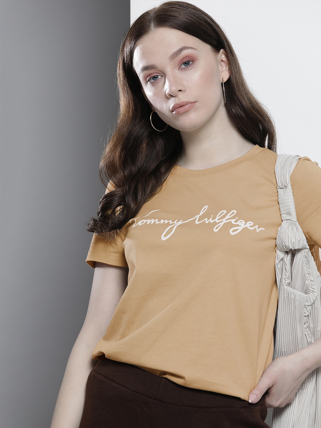

Tommy Hilfiger Women Beige Brand Logo Printed Pure Cotton T-shirt