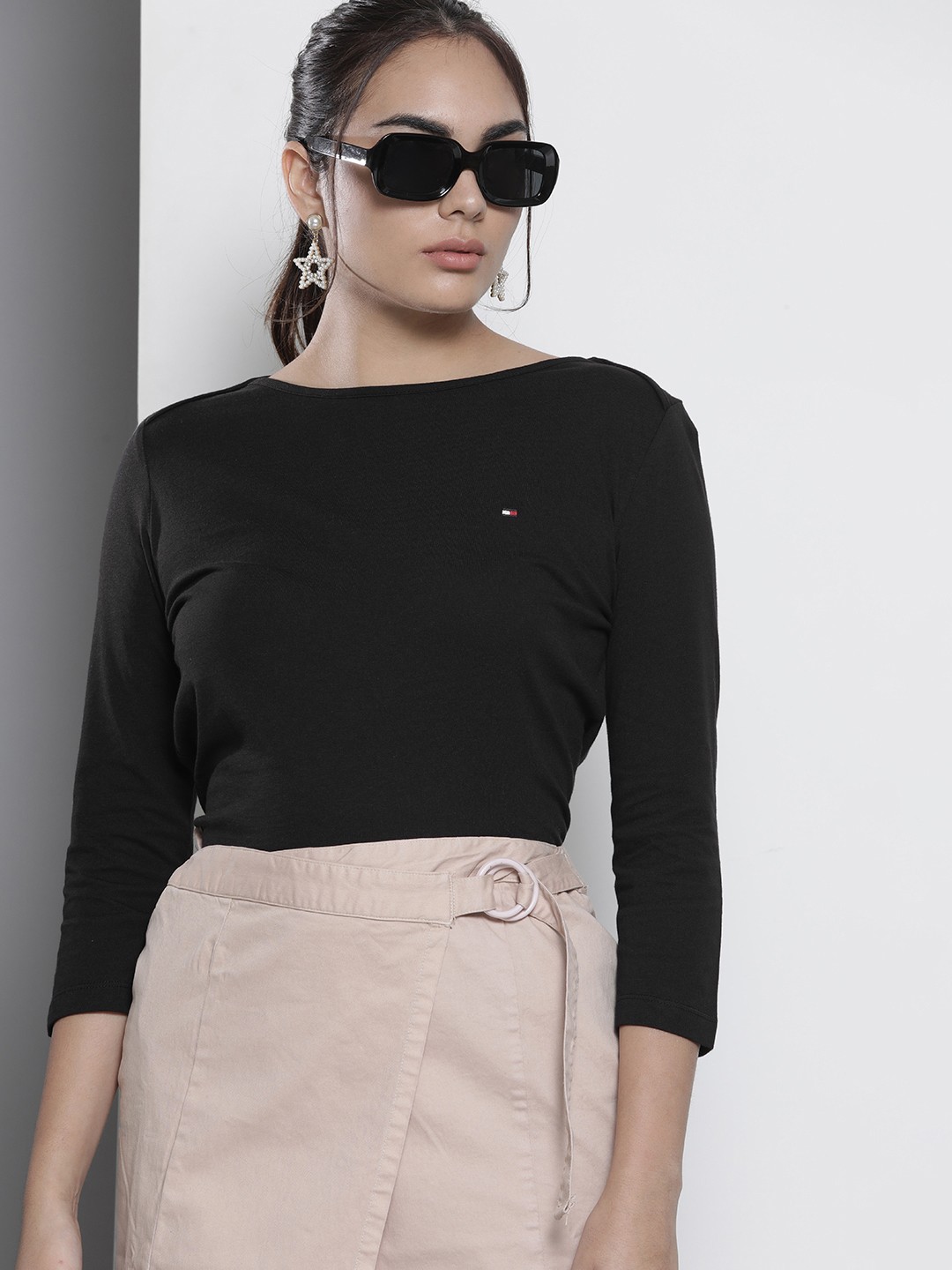 

Tommy Hilfiger Women Black Slim Fit Boat Neck Organic Cotton T-shirt
