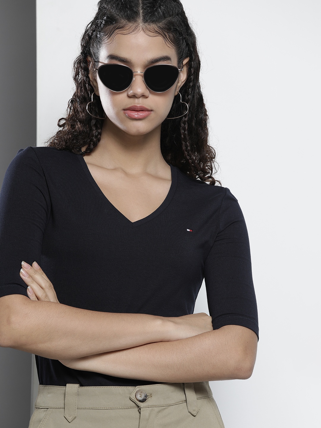 

Tommy Hilfiger Women Navy Blue V-Neck Slim Fit T-shirt