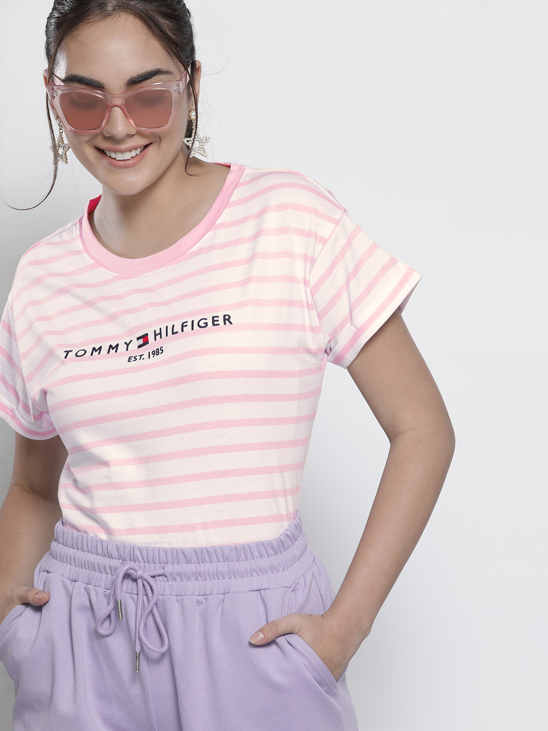

Tommy Hilfiger Women Pink & White Striped Embroidered Organic Cotton T-shirt