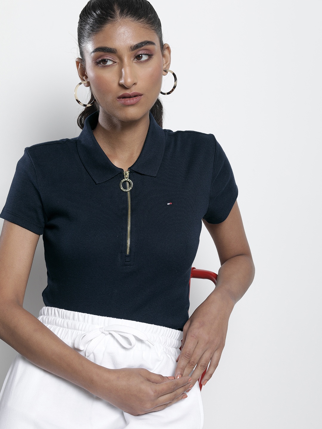 

Tommy Hilfiger Women Navy Blue Polo Collar Pure Cotton Slim Fit T-shirt