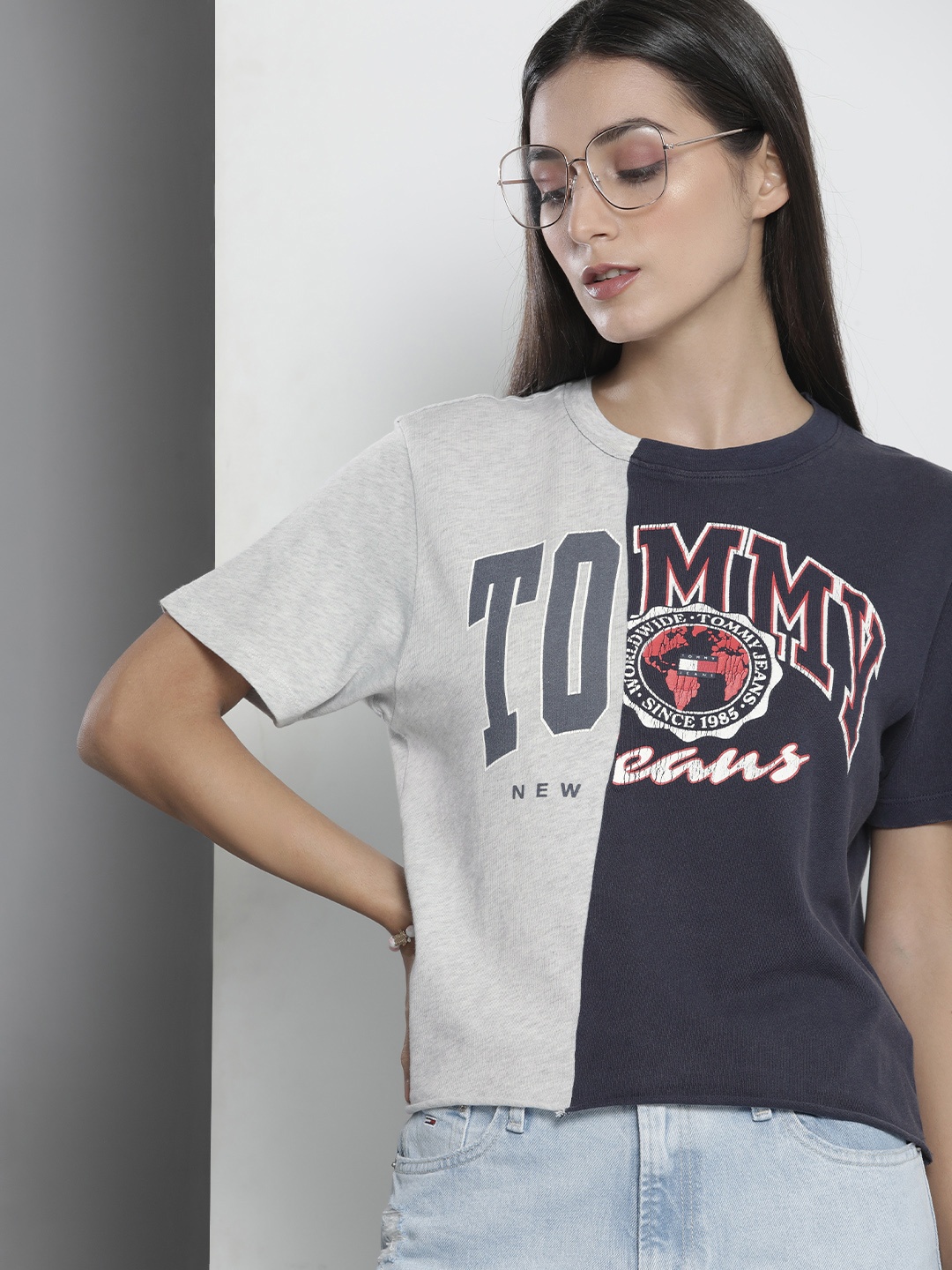 

Tommy Hilfiger Women Navy Blue & Grey CLASSIC COLLEGE SPLICING Pure Cotton T-shirt